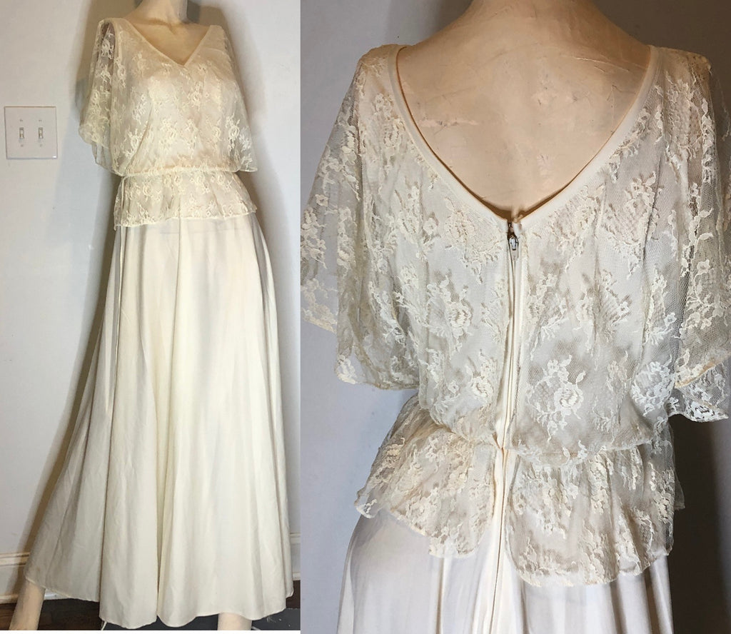 70s Disco Gypsy Boho Ivory Knit Lace Overlay Full Formal Gown Wedding Dress~S
