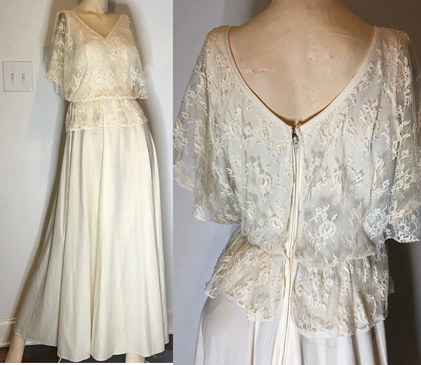 70s Disco Gypsy Boho Ivory Knit Lace Overlay Full Formal Gown Wedding Dress~S
