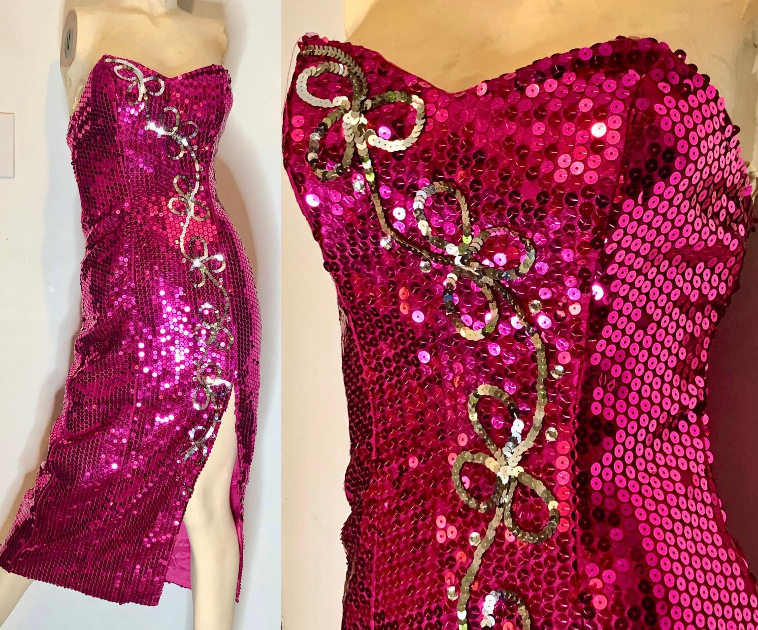 Vintage 1980s Sequined Fuchsia Pink w/Silver Strapless Wiggle Evening Pageant Gown~2P