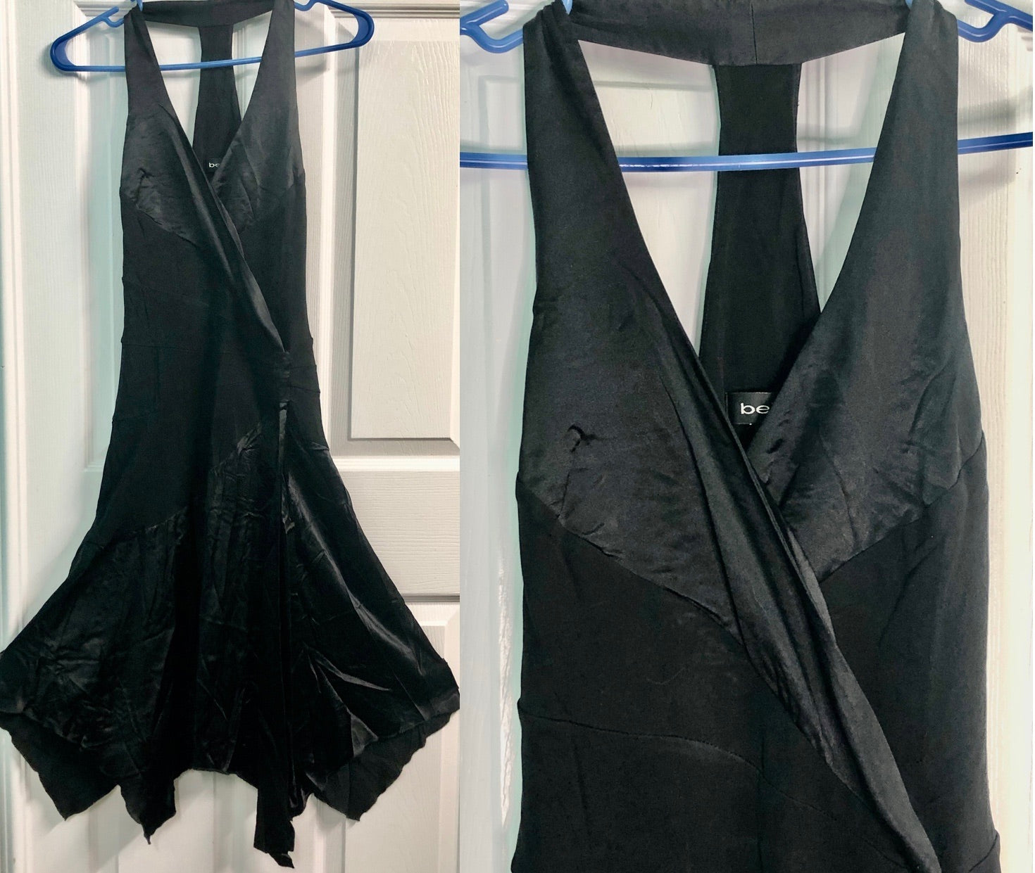 Vtg Y2K~Bebe~Black Rayon Silk Fairycore Asymmetrical Racer Back Halter Dress XS