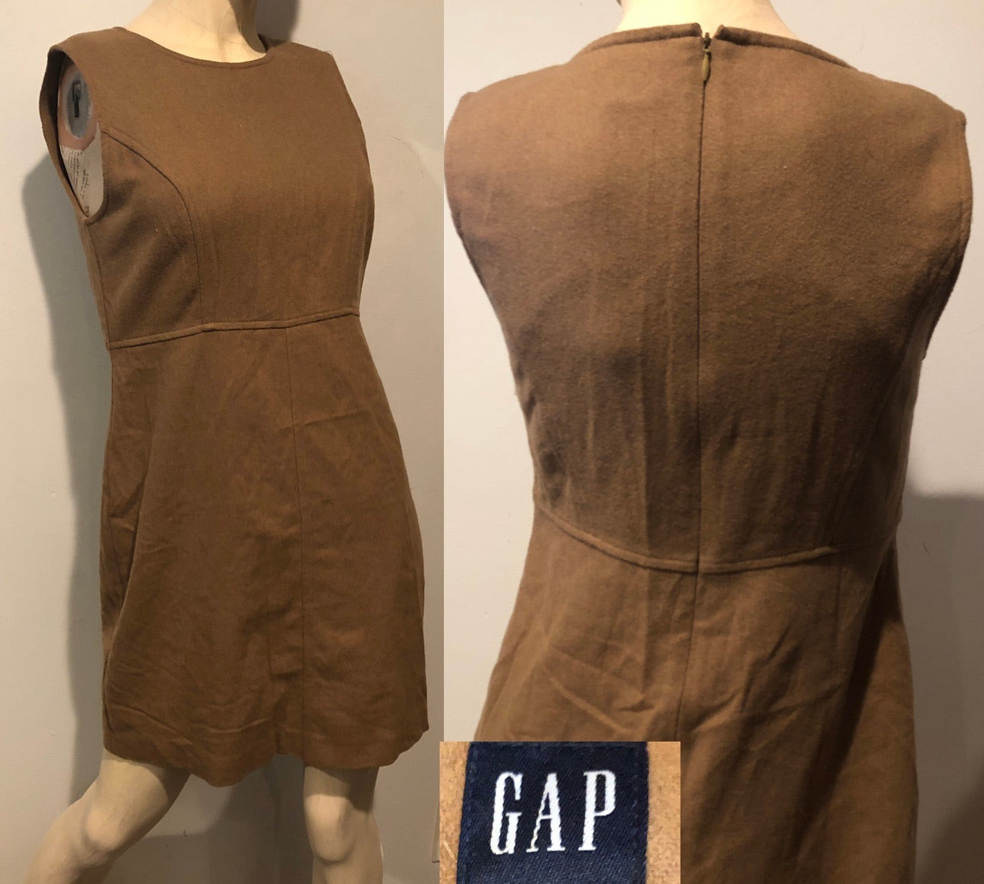Vtg 90s Y2K GAP Wool Blend Camel Brown Sleeveless Sheath Mini Jumper Dress~4
