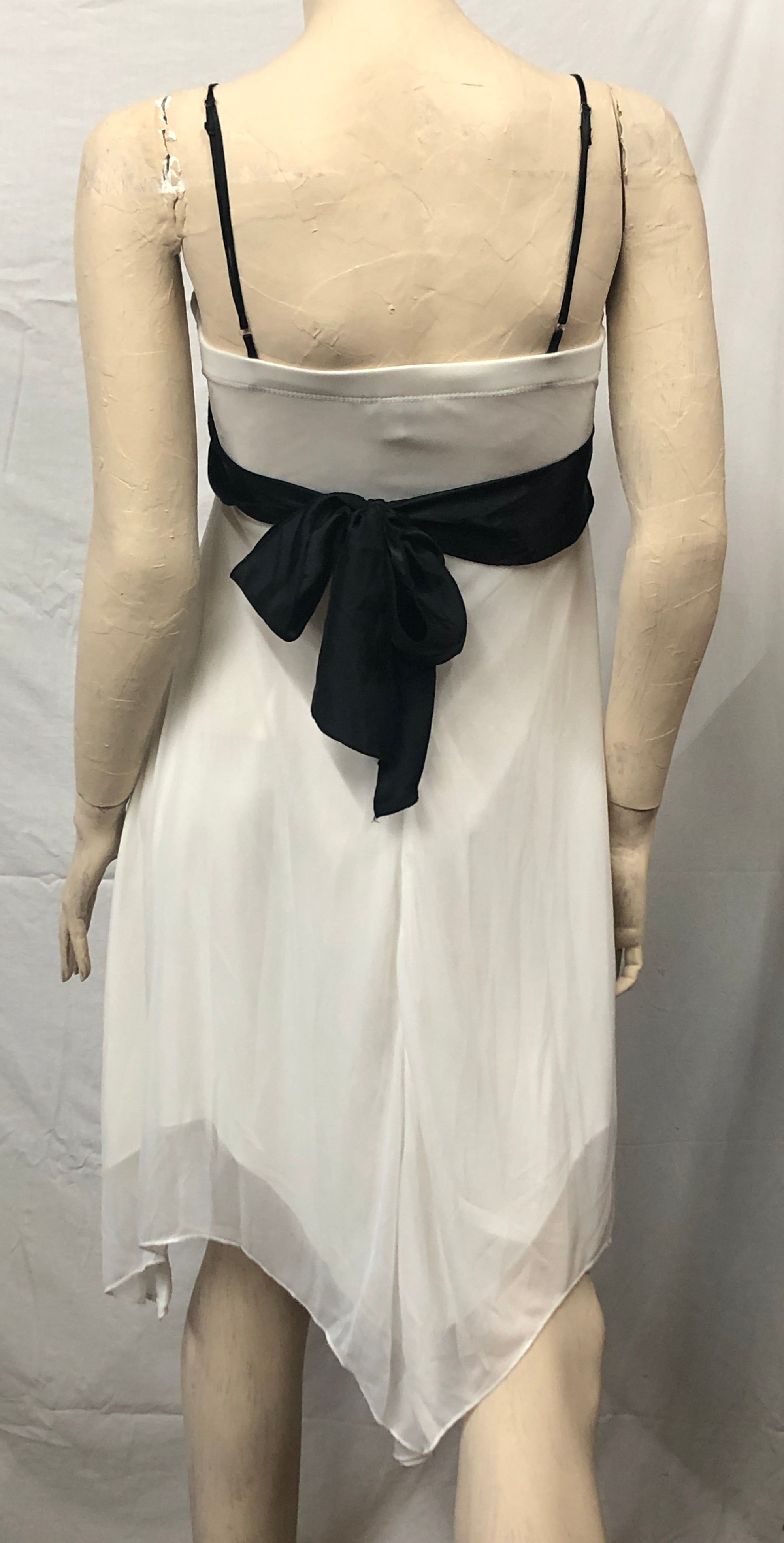 Vtg Y2K Fairycore Ivory/Blk Jagged Hem Chiffon Spaghetti Strap Party Dress~Jrs M