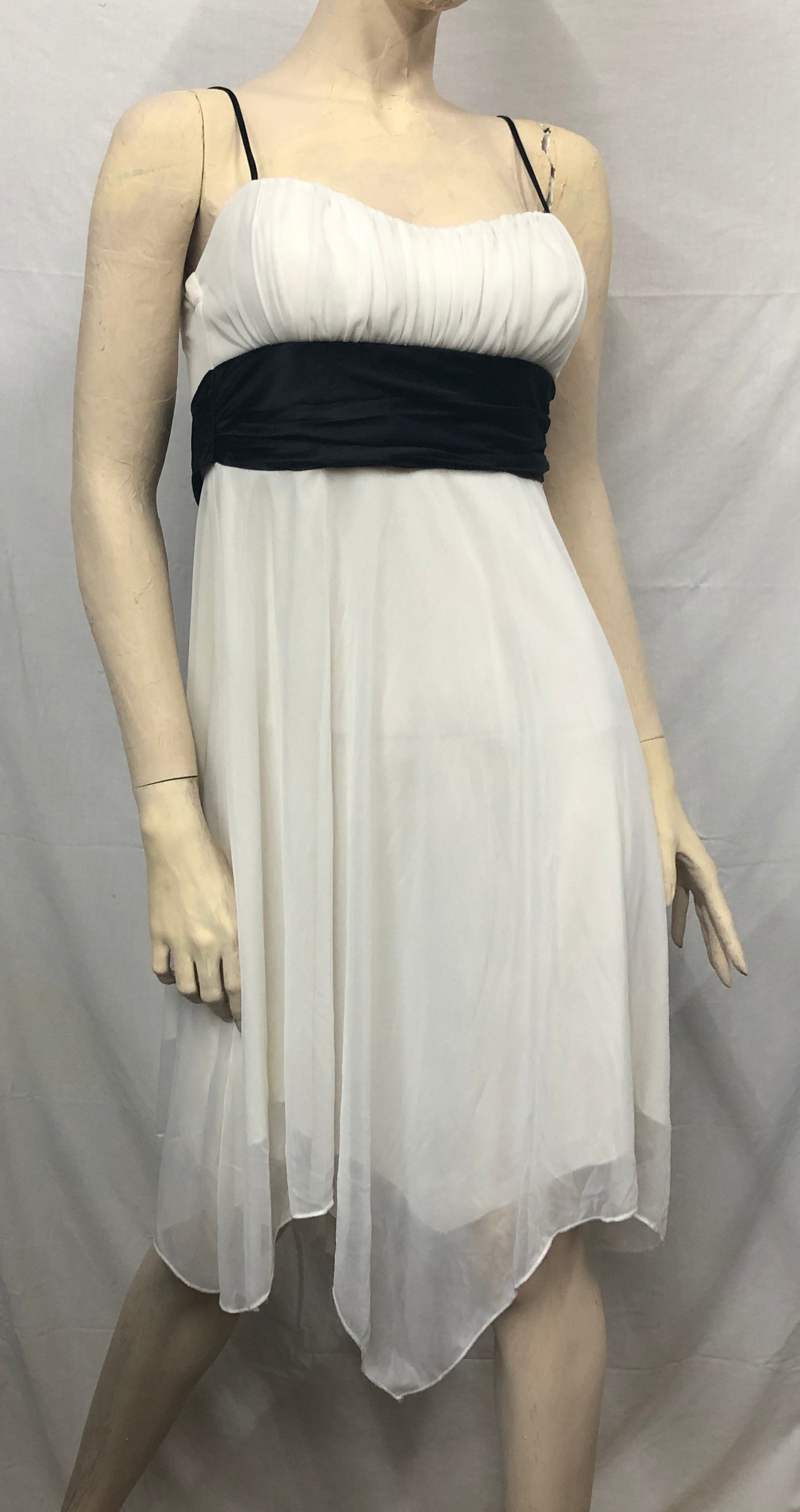 Vtg Y2K Fairycore Ivory/Blk Jagged Hem Chiffon Spaghetti Strap Party Dress~Jrs M