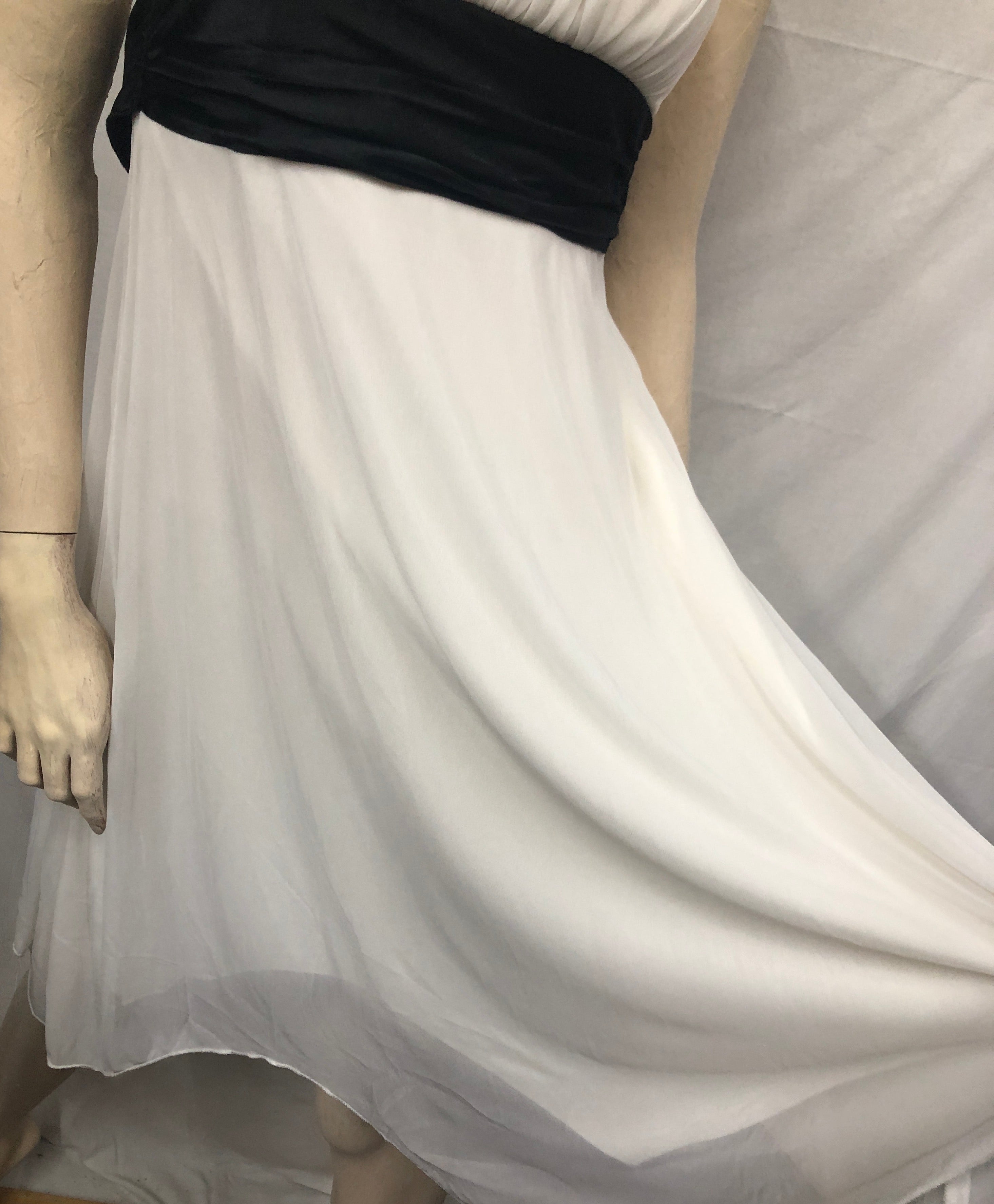 Vtg Y2K Fairycore Ivory/Blk Jagged Hem Chiffon Spaghetti Strap Party Dress~Jrs M