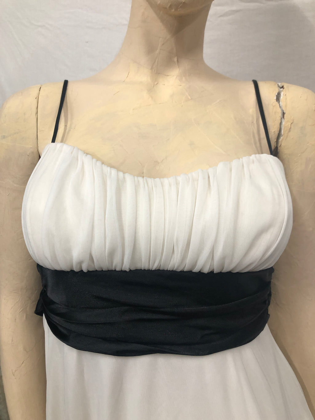 Vtg Y2K Fairycore Ivory/Blk Jagged Hem Chiffon Spaghetti Strap Party Dress~Jrs M