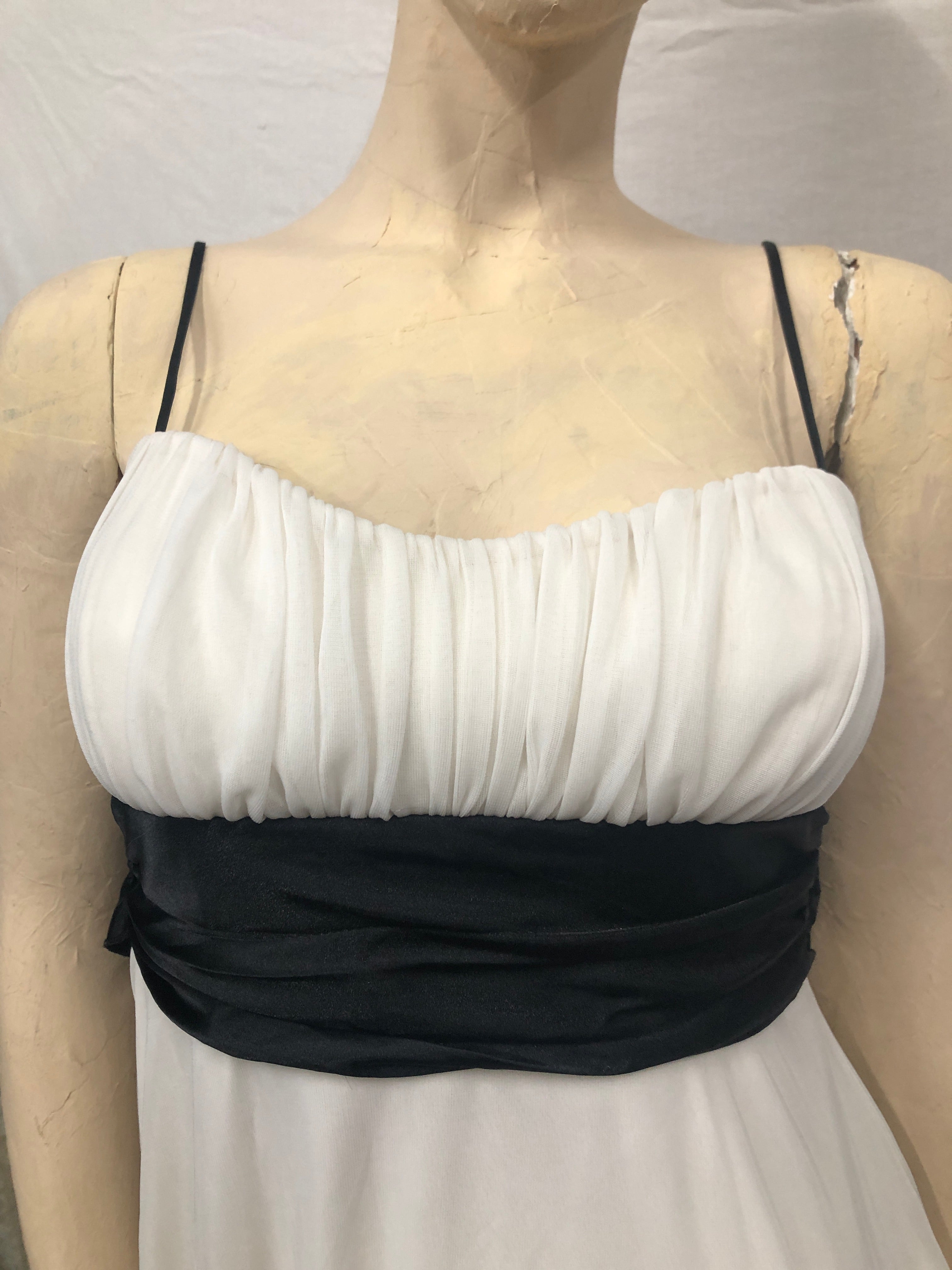 Vtg Y2K Fairycore Ivory/Blk Jagged Hem Chiffon Spaghetti Strap Party Dress~Jrs M
