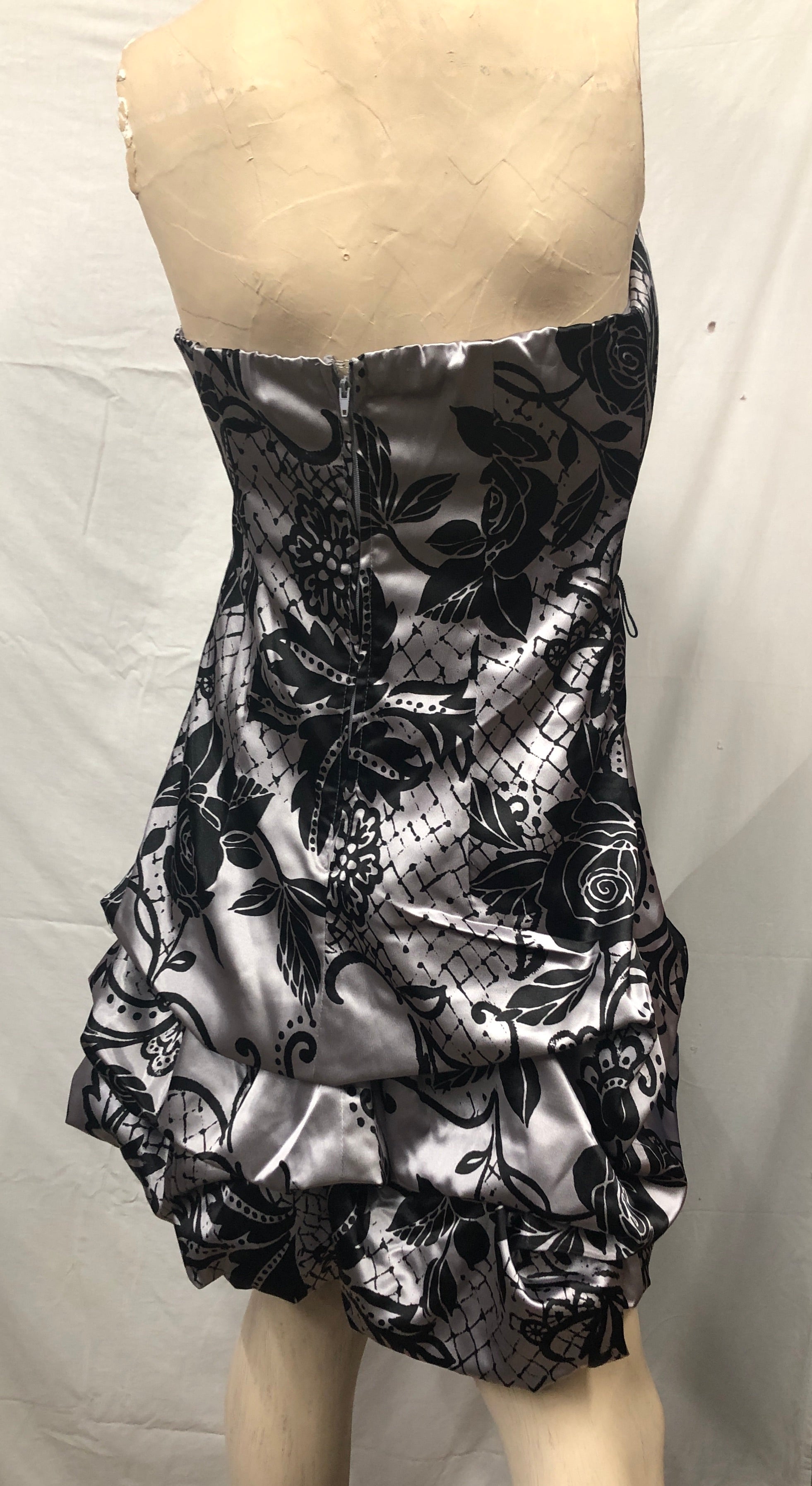 Y2K Silver/Black Floral Satin Short Formal Dress *Whimsigoth Party Occasion *11