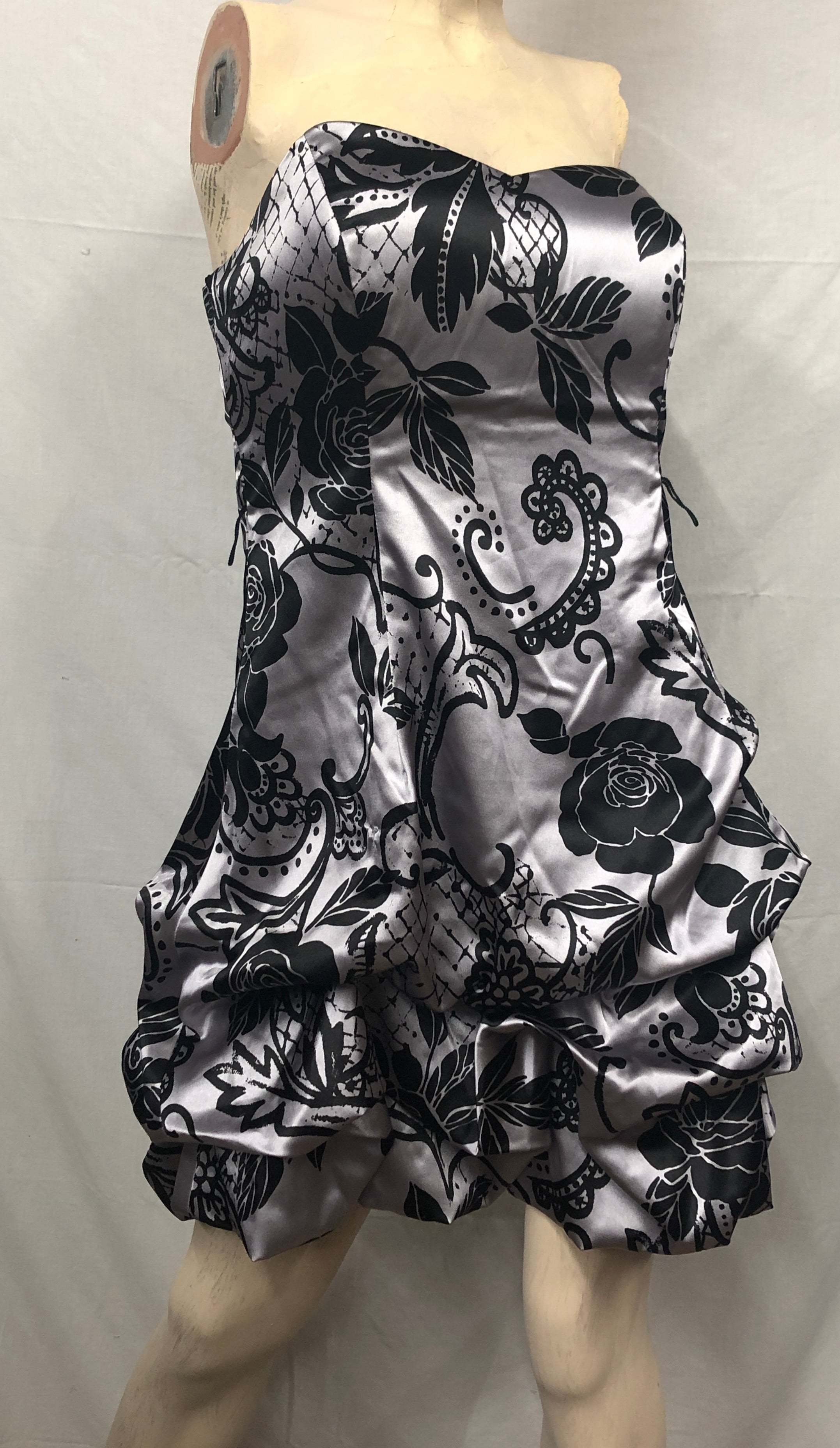 Y2K Silver/Black Floral Satin Short Formal Dress *Whimsigoth Party Occasion *11