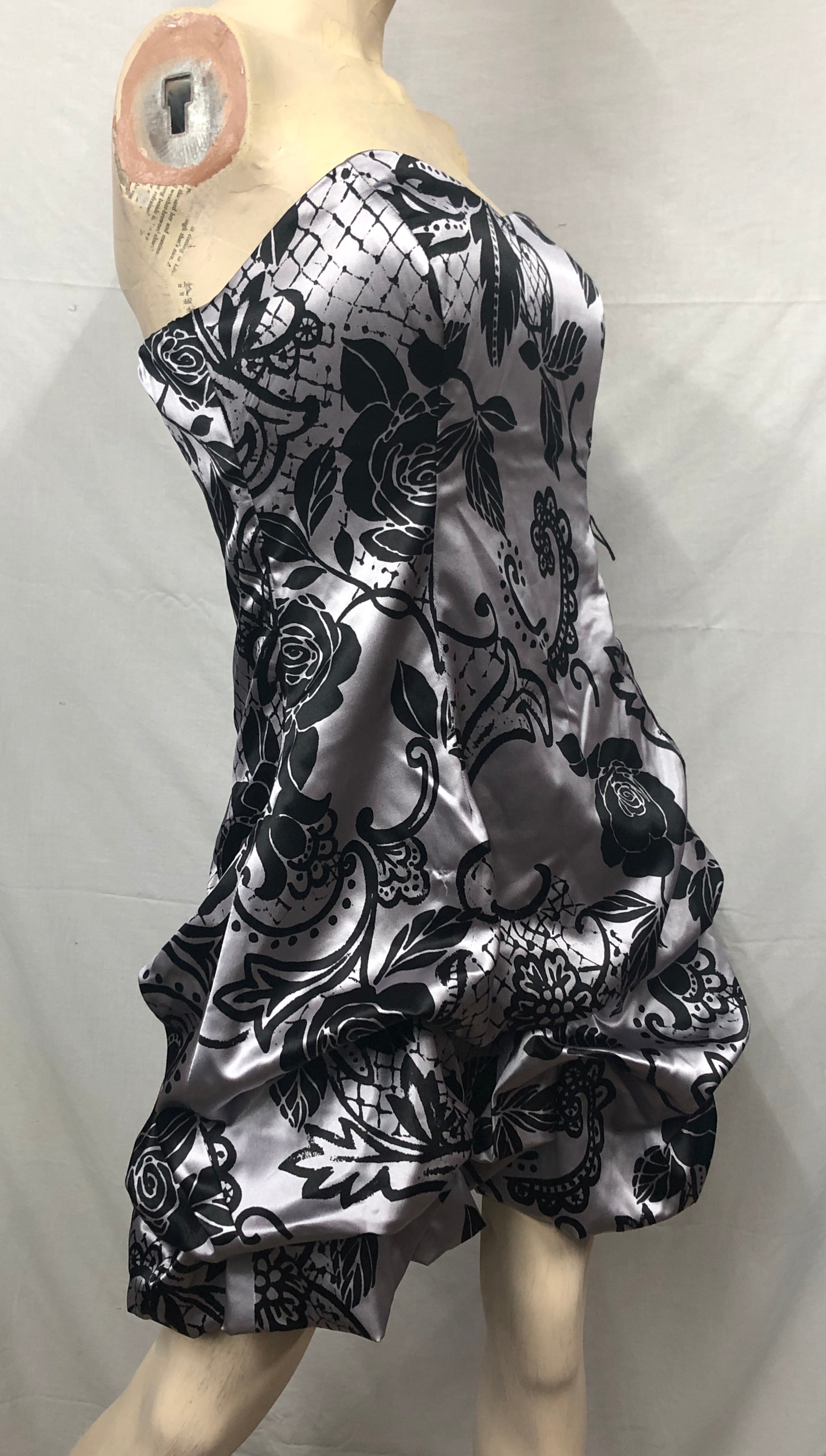 Y2K Silver/Black Floral Satin Short Formal Dress *Whimsigoth Party Occasion *11