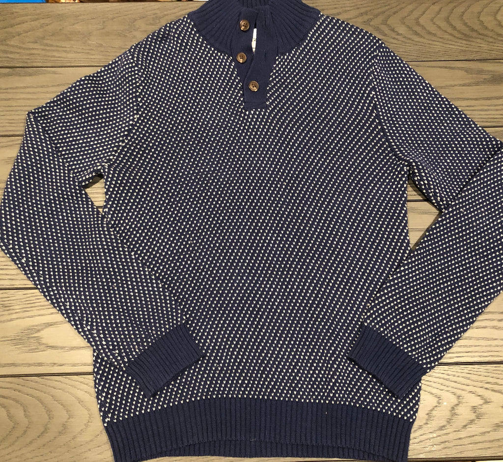 Vtg 90s IZOD Boys Pullover Collared Heart Stitch Sweater LG 14-16 Navy Blue/White