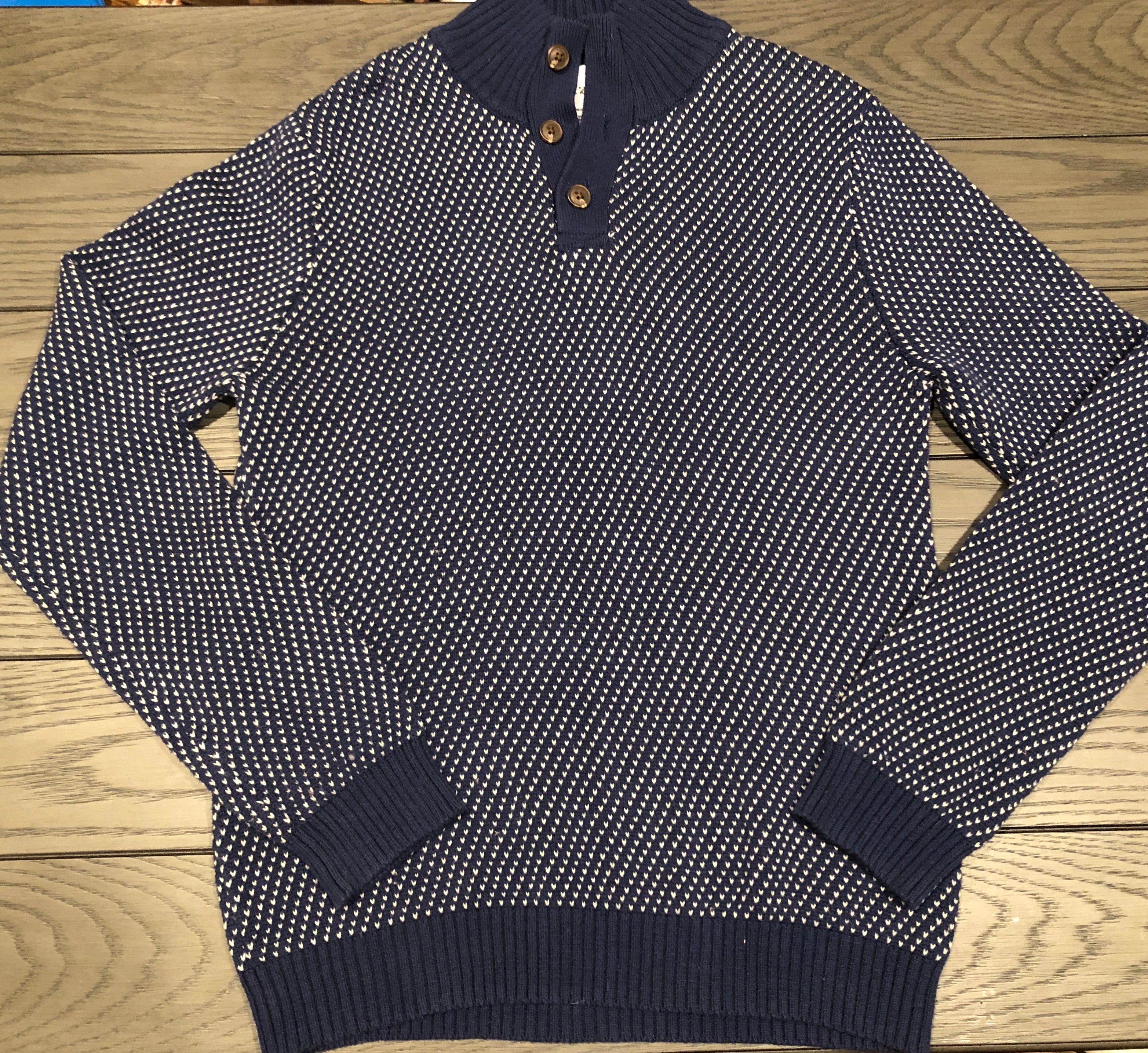 Vtg 90s IZOD Boys Pullover Collared Heart Stitch Sweater LG 14-16 Navy Blue/White