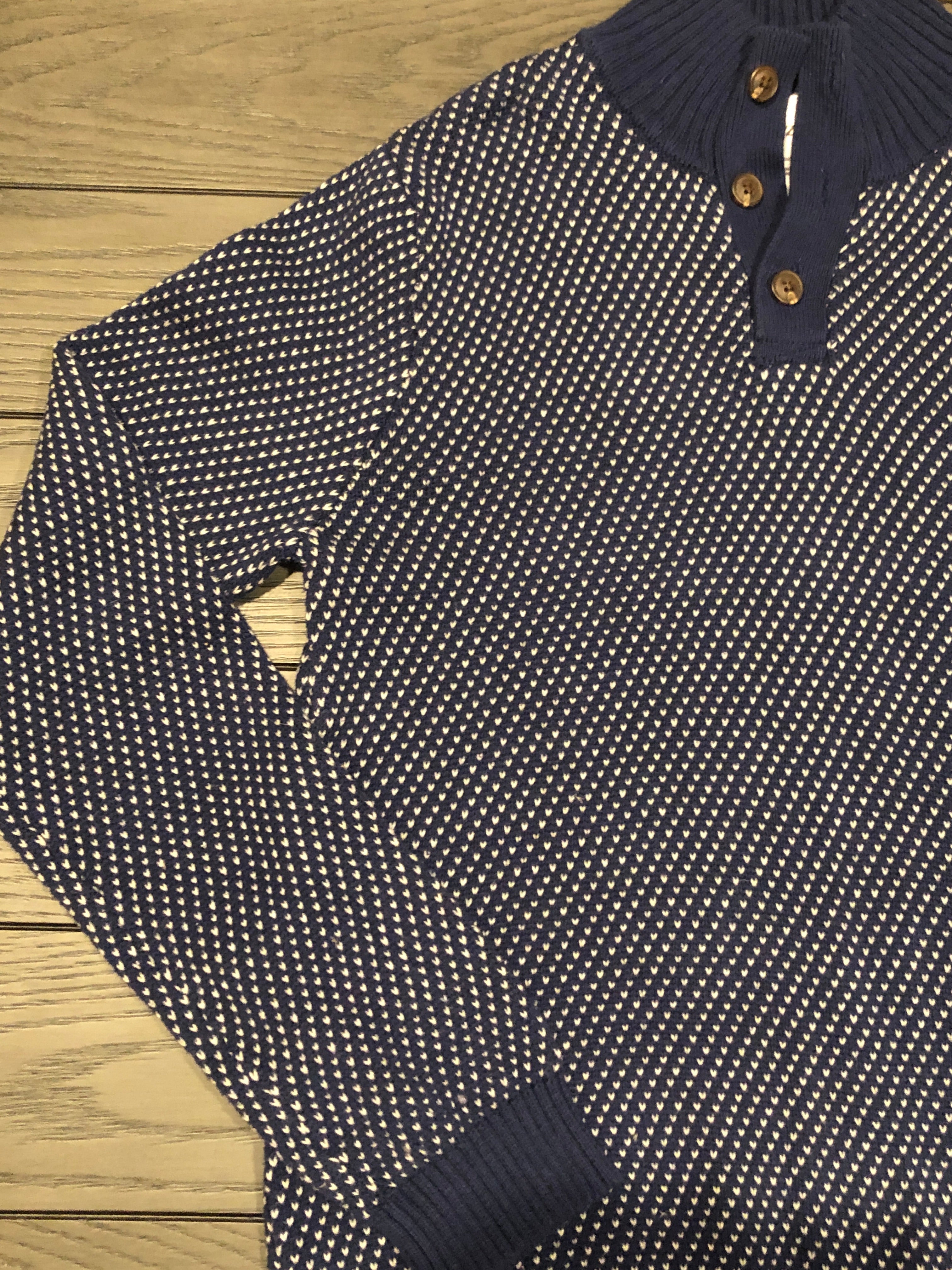 Vtg 90s IZOD Boys Pullover Collared Heart Stitch Sweater LG 14-16 Navy Blue/White