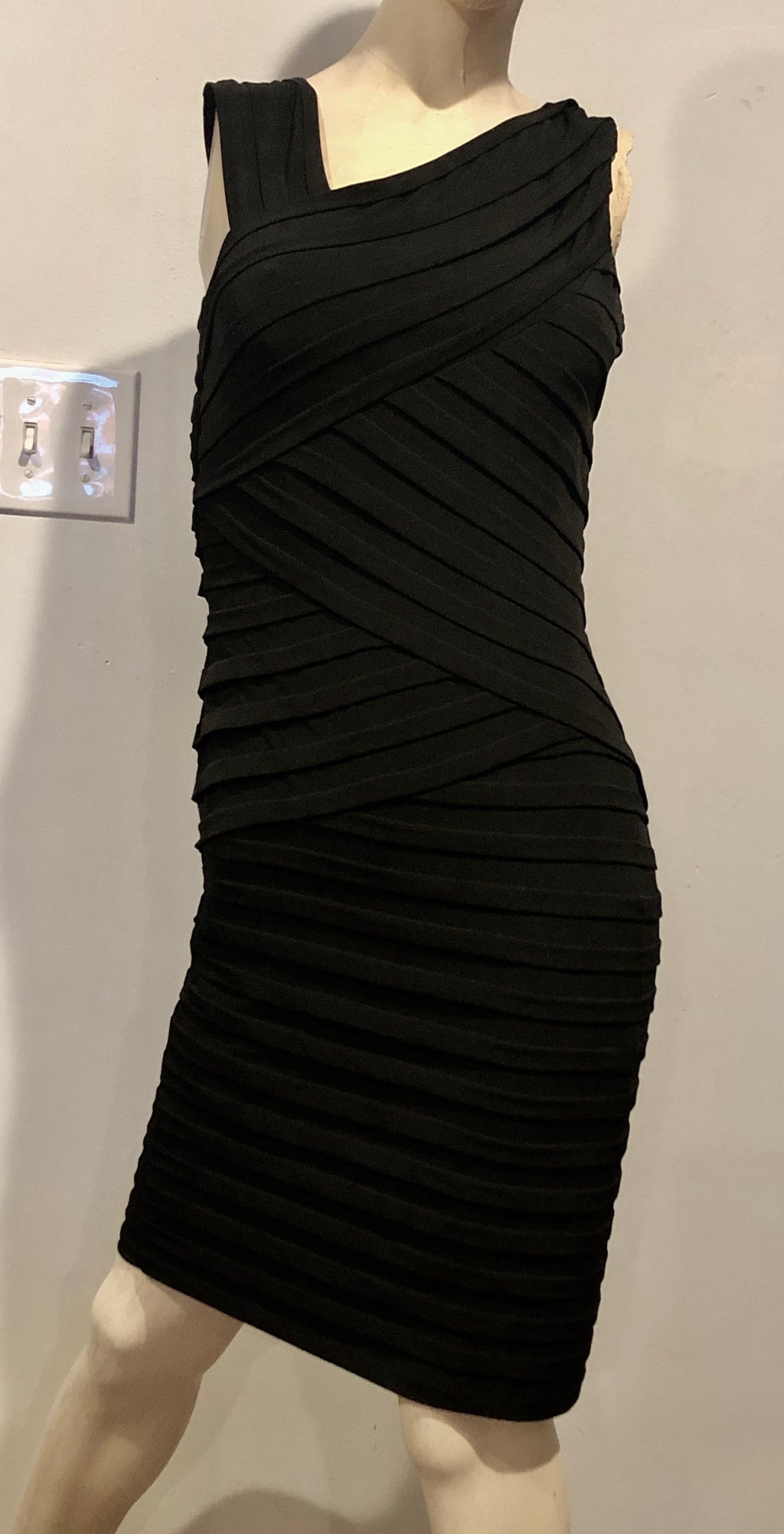 Vtg Y2K London Times Black Asymmetric Tank Stretch Bodycon Bandage Dress Sz 4