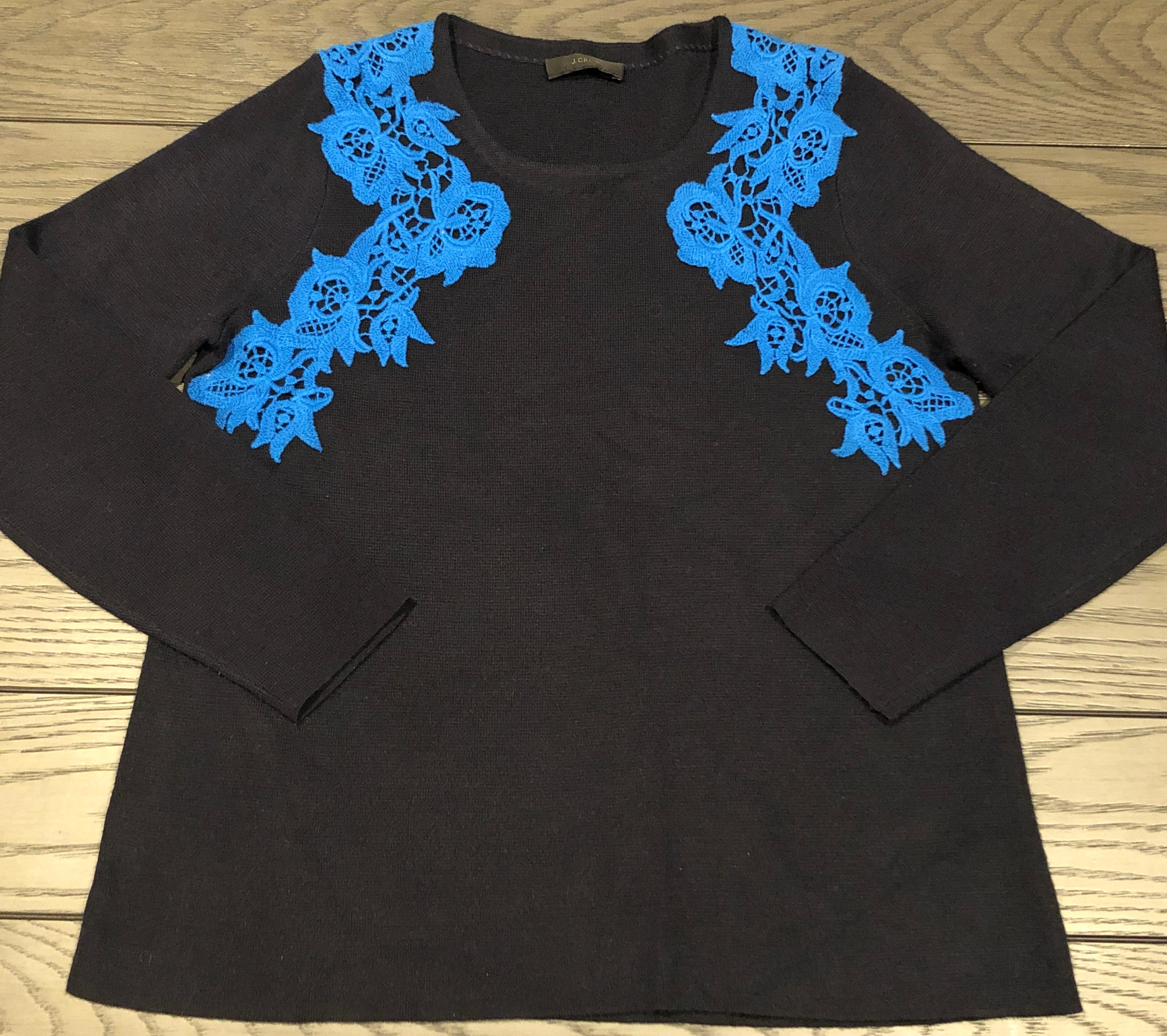 $129 Navy Blue Crochet Lace Appliquéd Pullover Merino Wool Sweater M~Cabincore