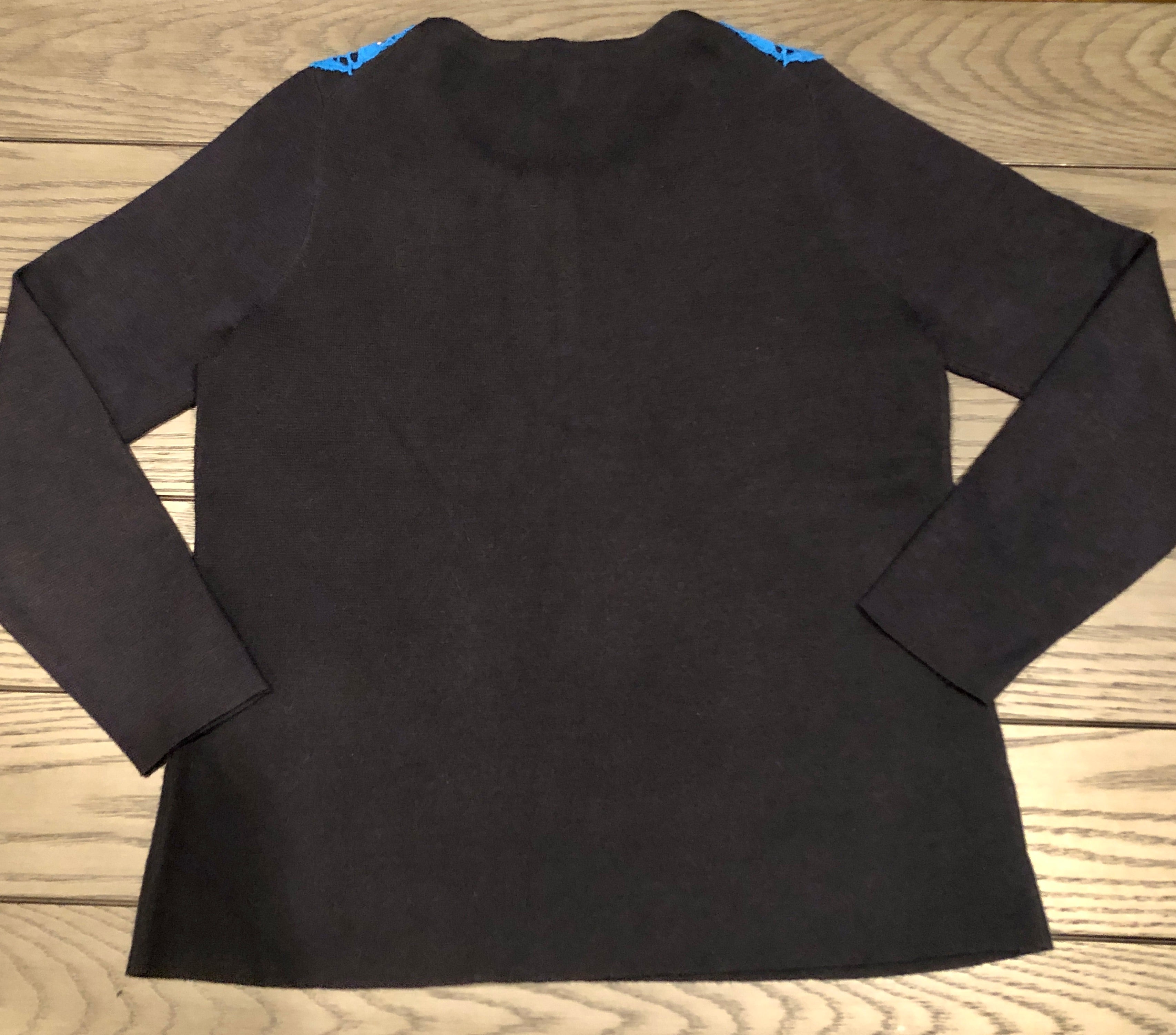 $129 Navy Blue Crochet Lace Appliquéd Pullover Merino Wool Sweater M~Cabincore