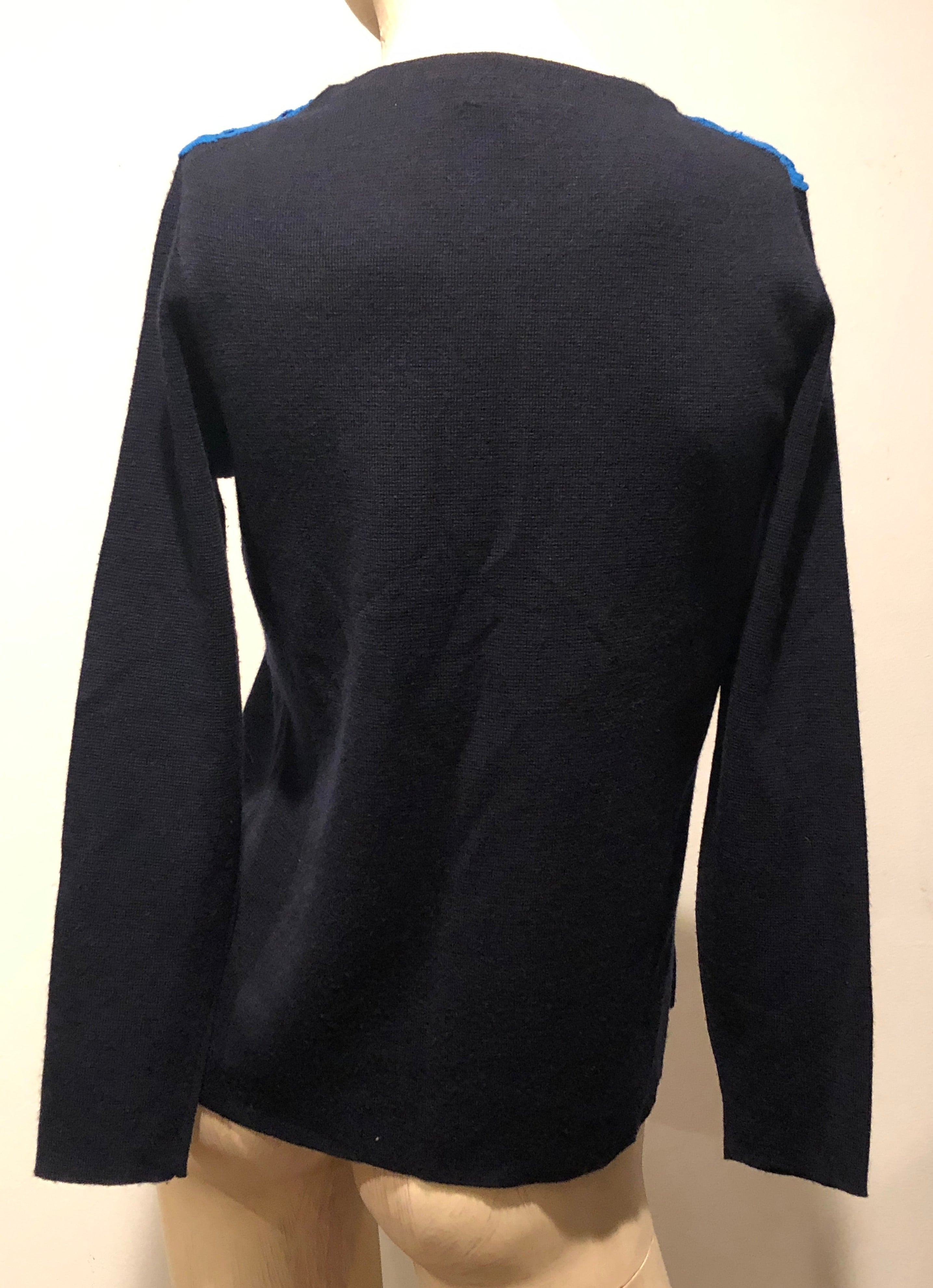 $129 Navy Blue Crochet Lace Appliquéd Pullover Merino Wool Sweater M~Cabincore