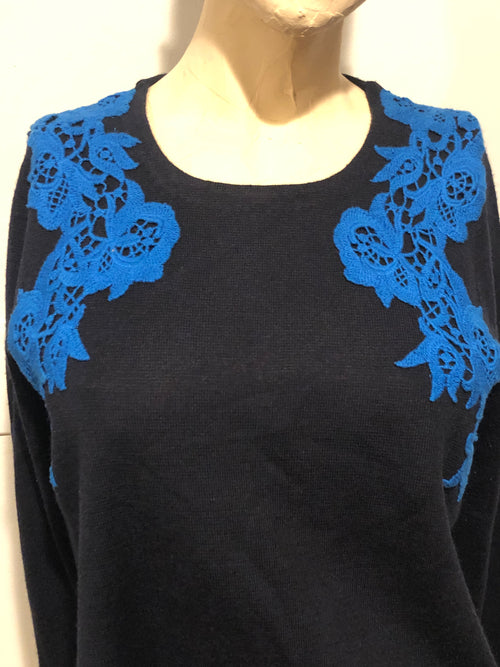 $129 Navy Blue Crochet Lace Appliquéd Pullover Merino Wool Sweater M~Cabincore