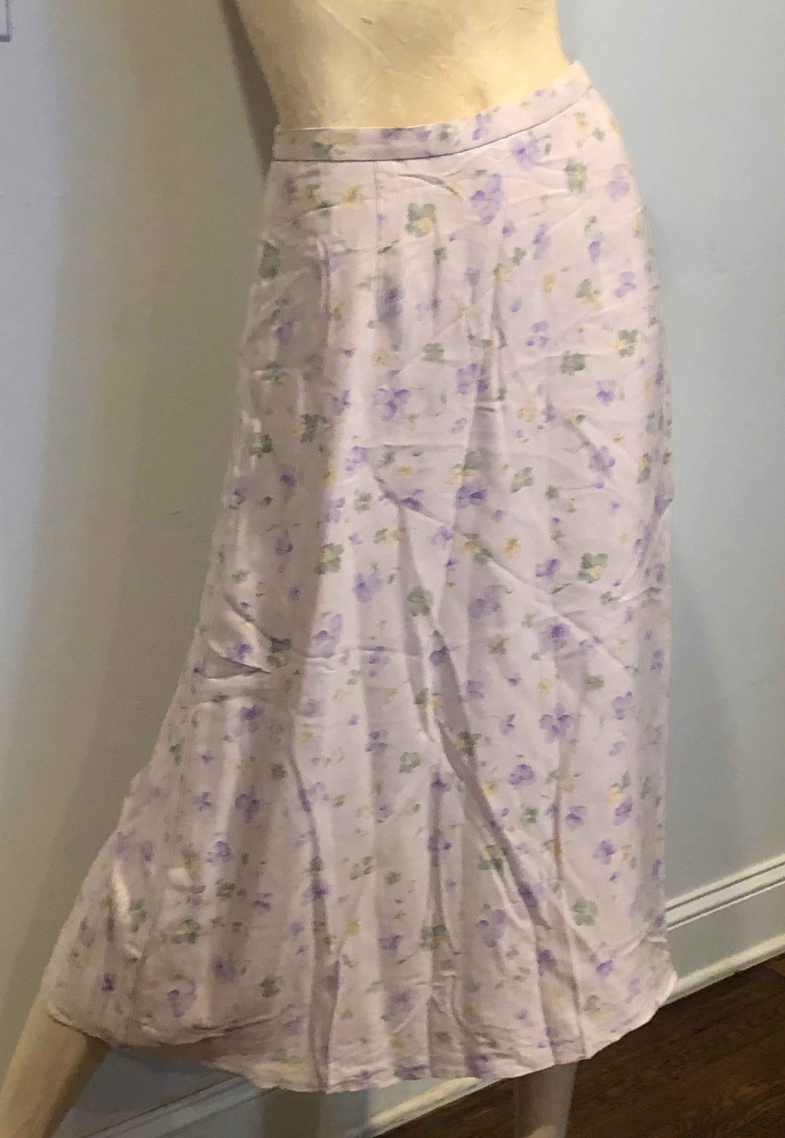 90s Talbots Floral Spring Violets Romantic Silk A-Line Midi Skirt~2P Cottagecore