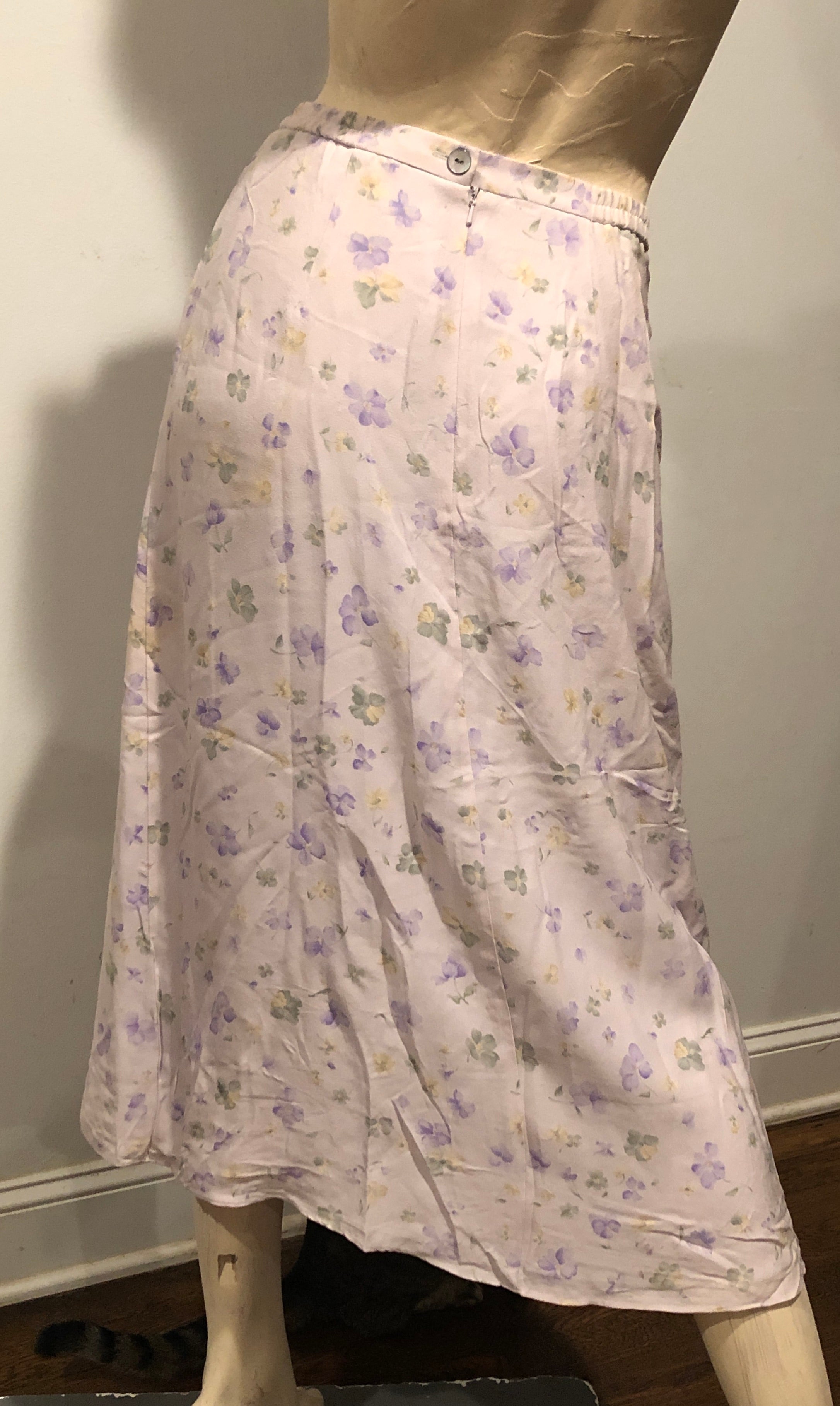 90s Talbots Floral Spring Violets Romantic Silk A-Line Midi Skirt~2P Cottagecore