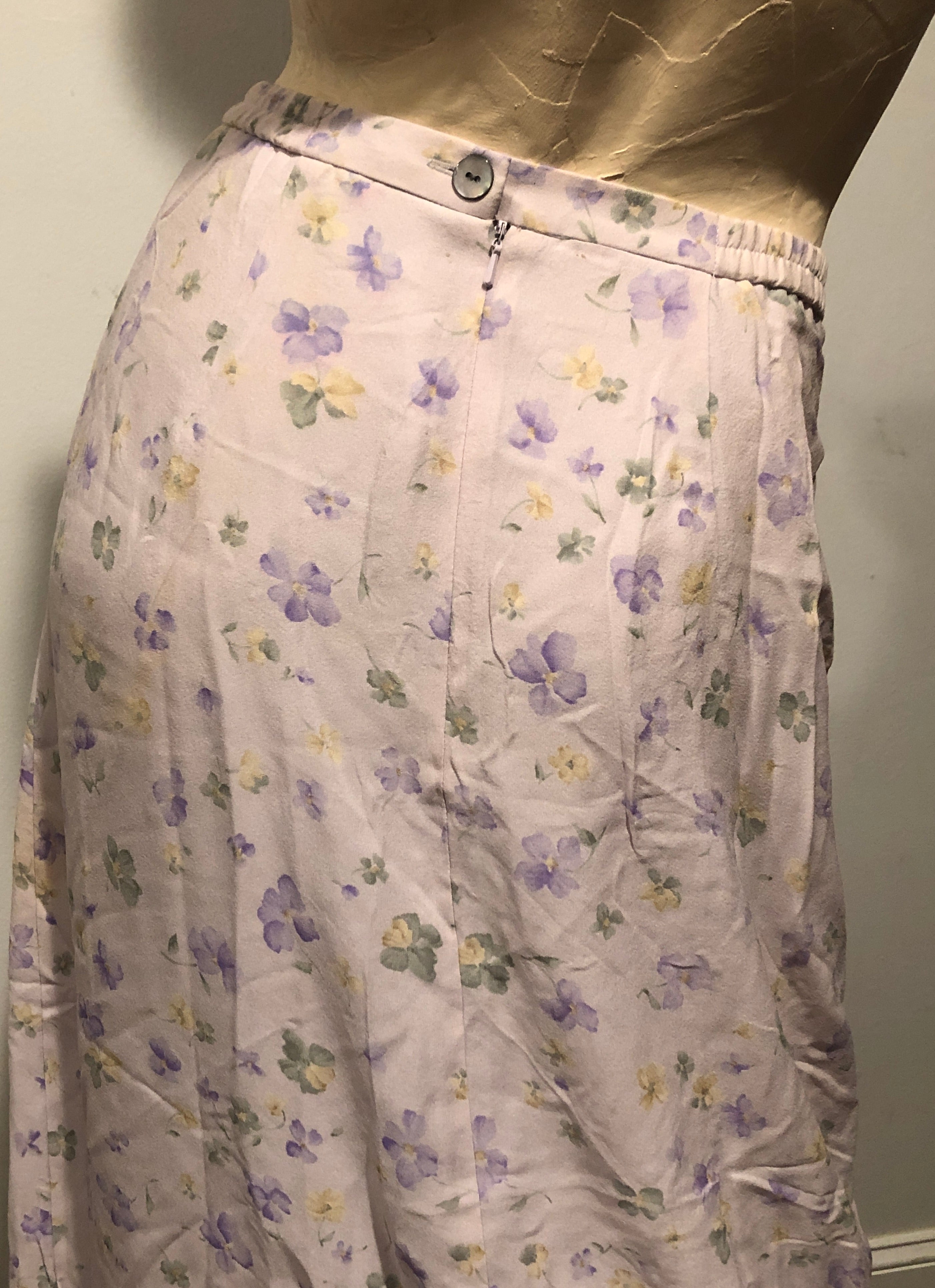 90s Talbots Floral Spring Violets Romantic Silk A-Line Midi Skirt~2P Cottagecore