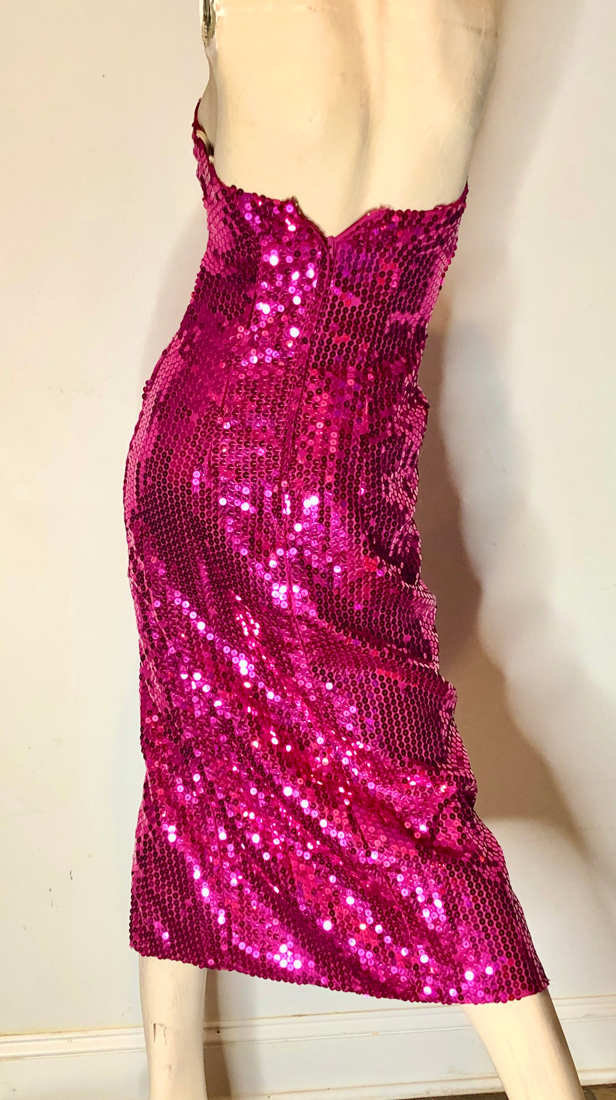 Vintage 1980s Sequined Fuchsia Pink w/Silver Strapless Wiggle Evening Pageant Gown~2P