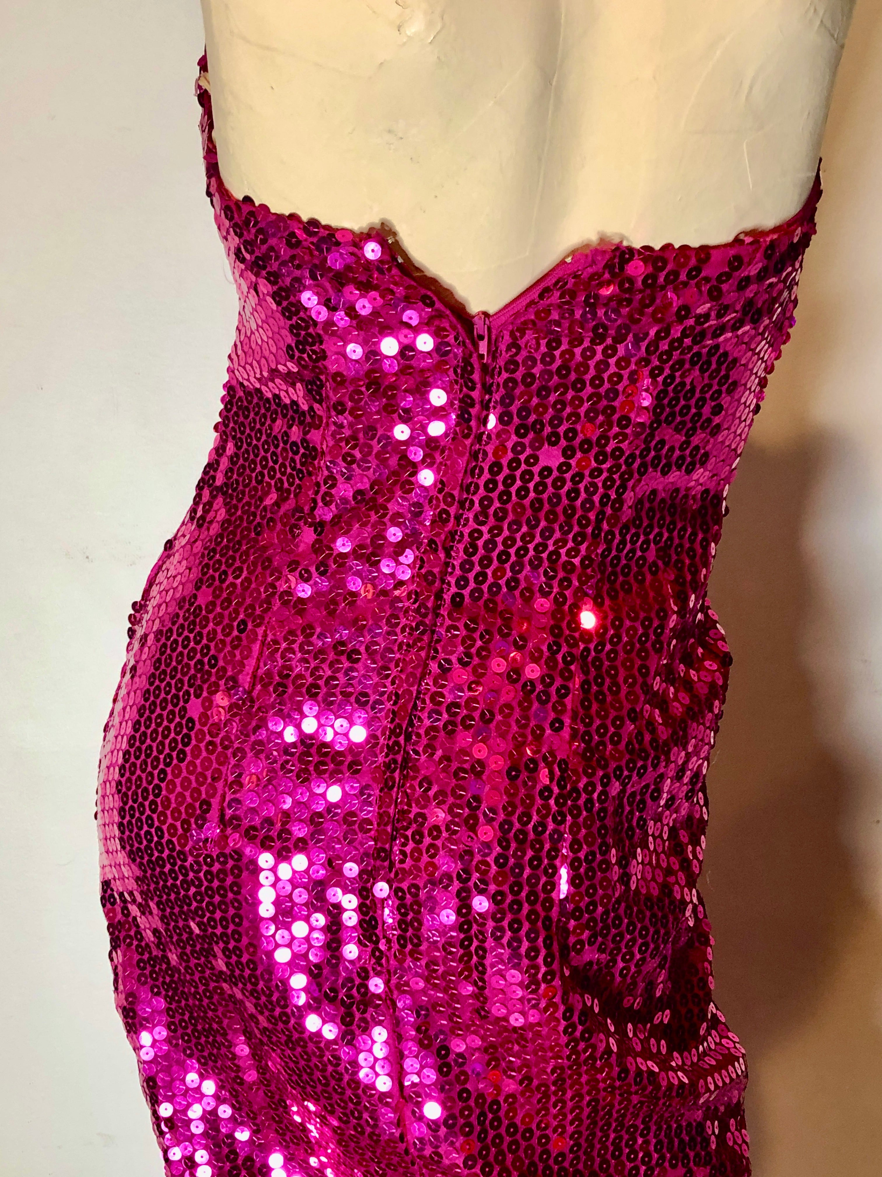Vintage 1980s Sequined Fuchsia Pink w/Silver Strapless Wiggle Evening Pageant Gown~2P