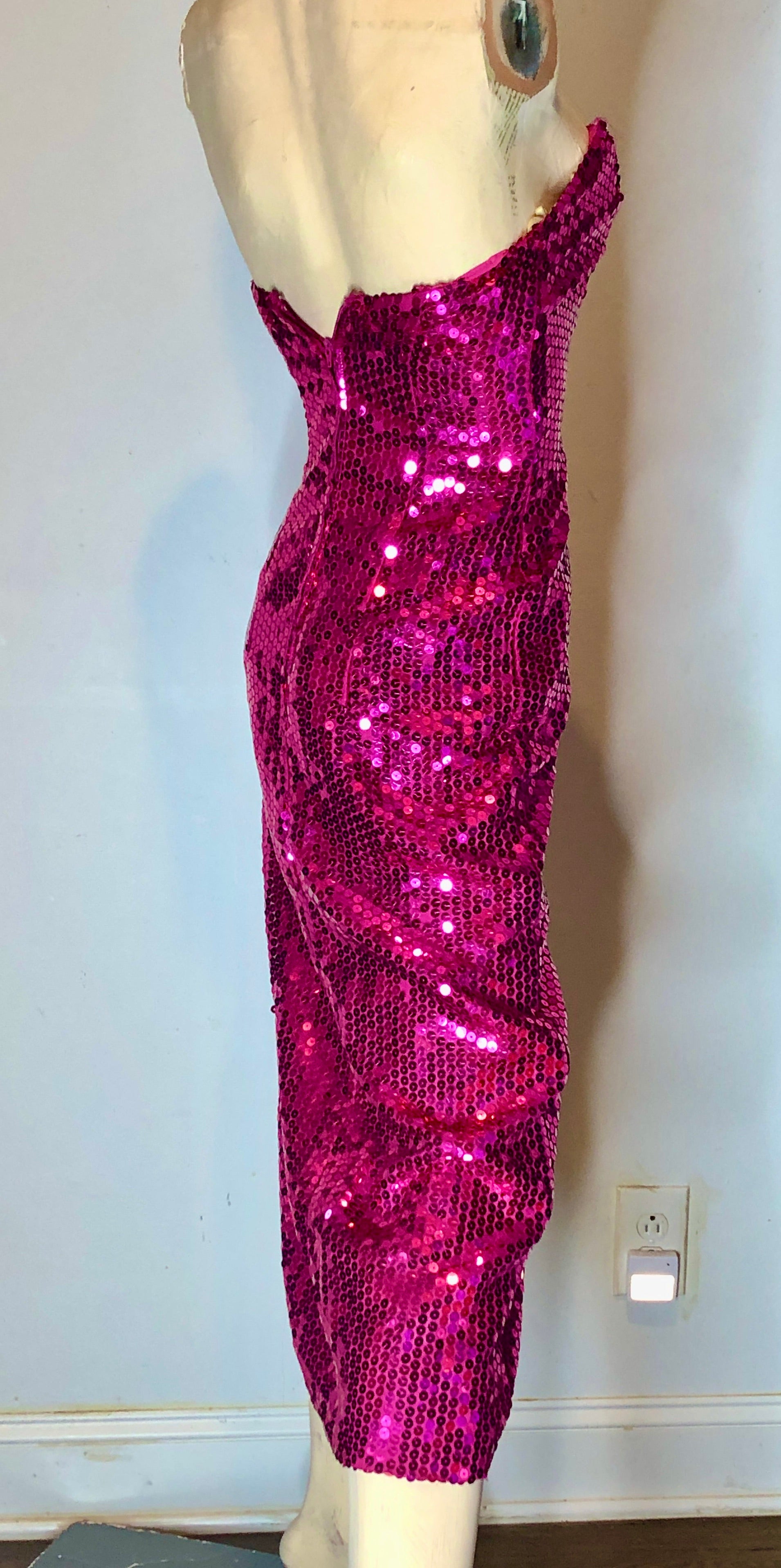 Vintage 1980s Sequined Fuchsia Pink w/Silver Strapless Wiggle Evening Pageant Gown~2P
