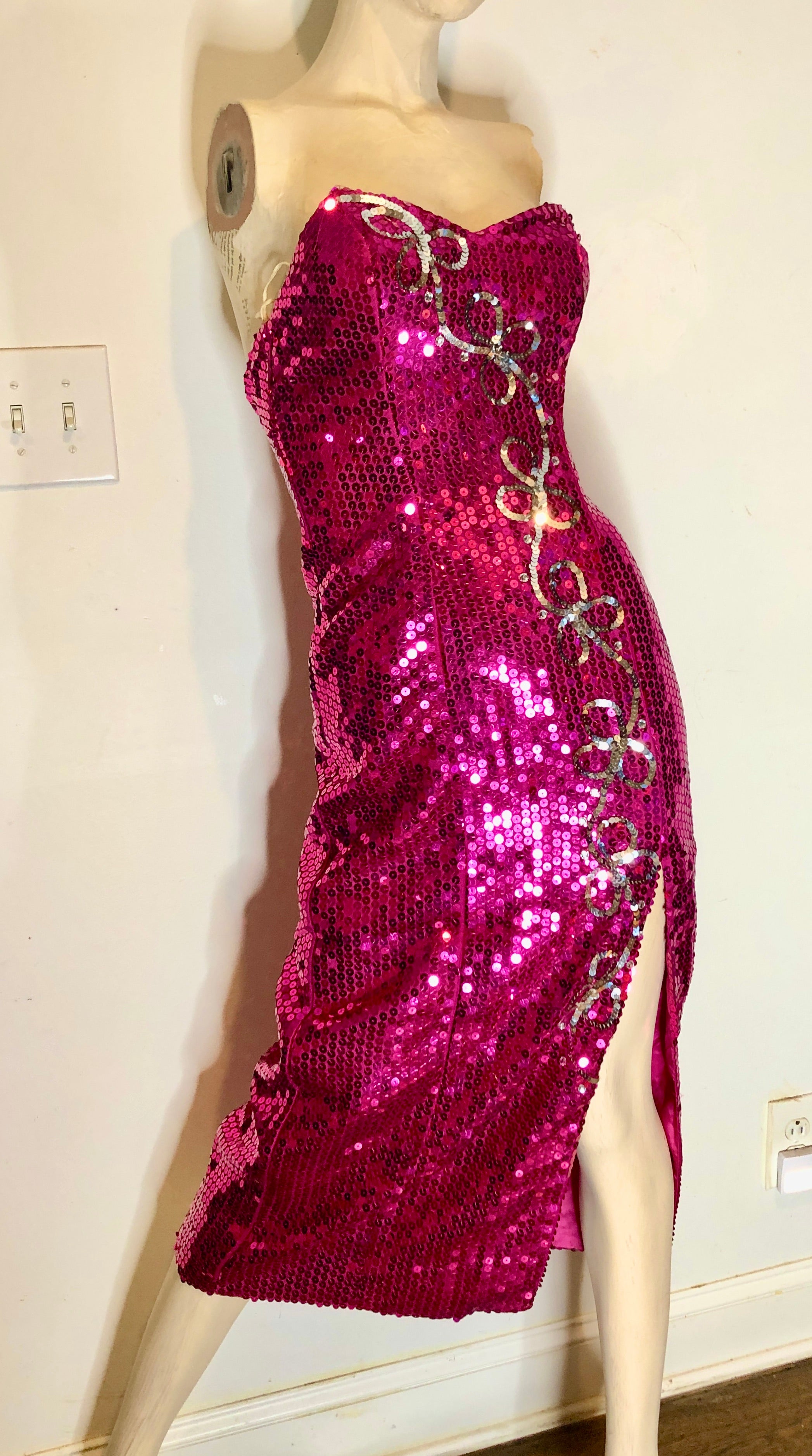 Vintage 1980s Sequined Fuchsia Pink w/Silver Strapless Wiggle Evening Pageant Gown~2P