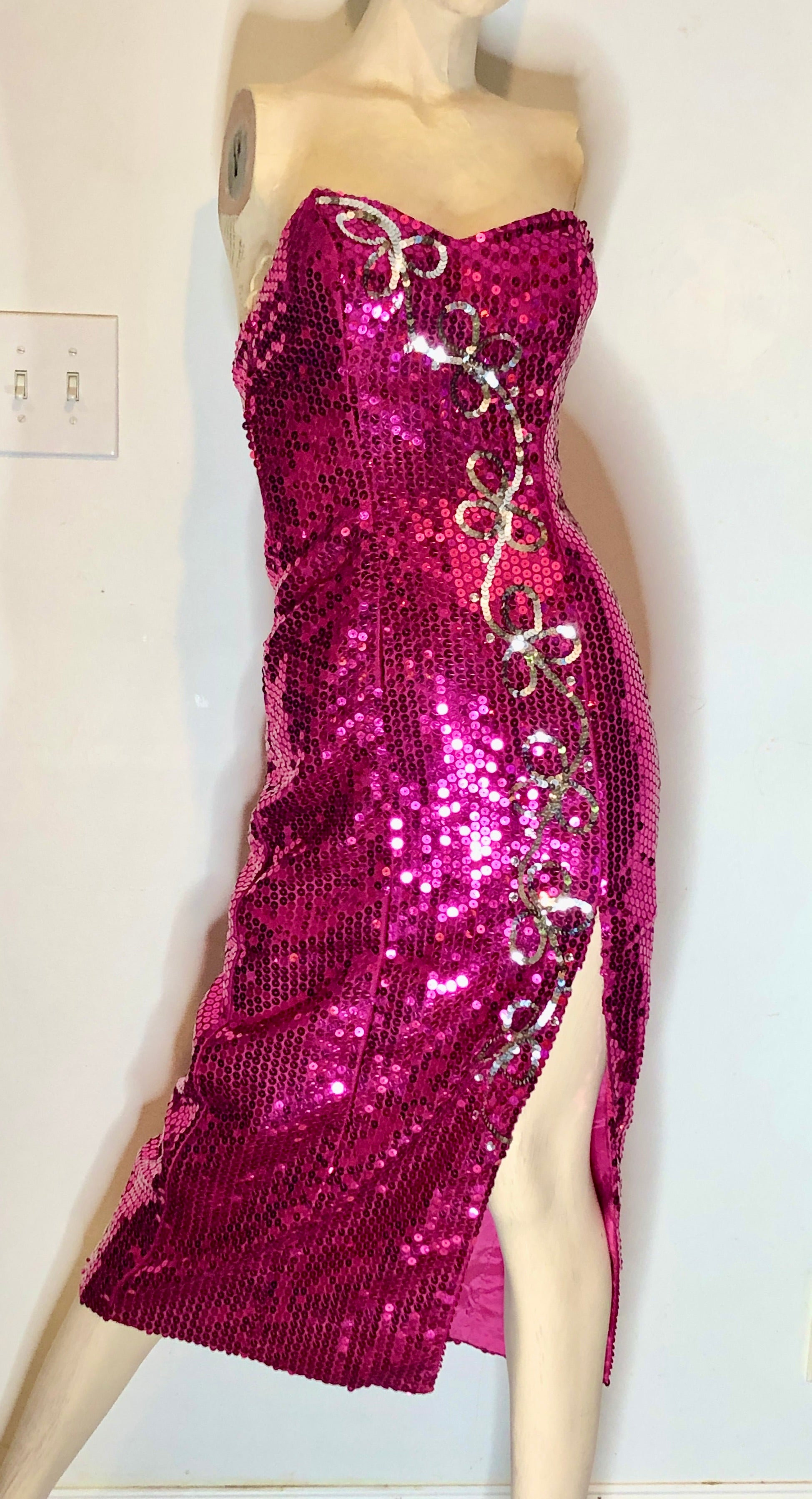Vintage 1980s Sequined Fuchsia Pink w/Silver Strapless Wiggle Evening Pageant Gown~2P