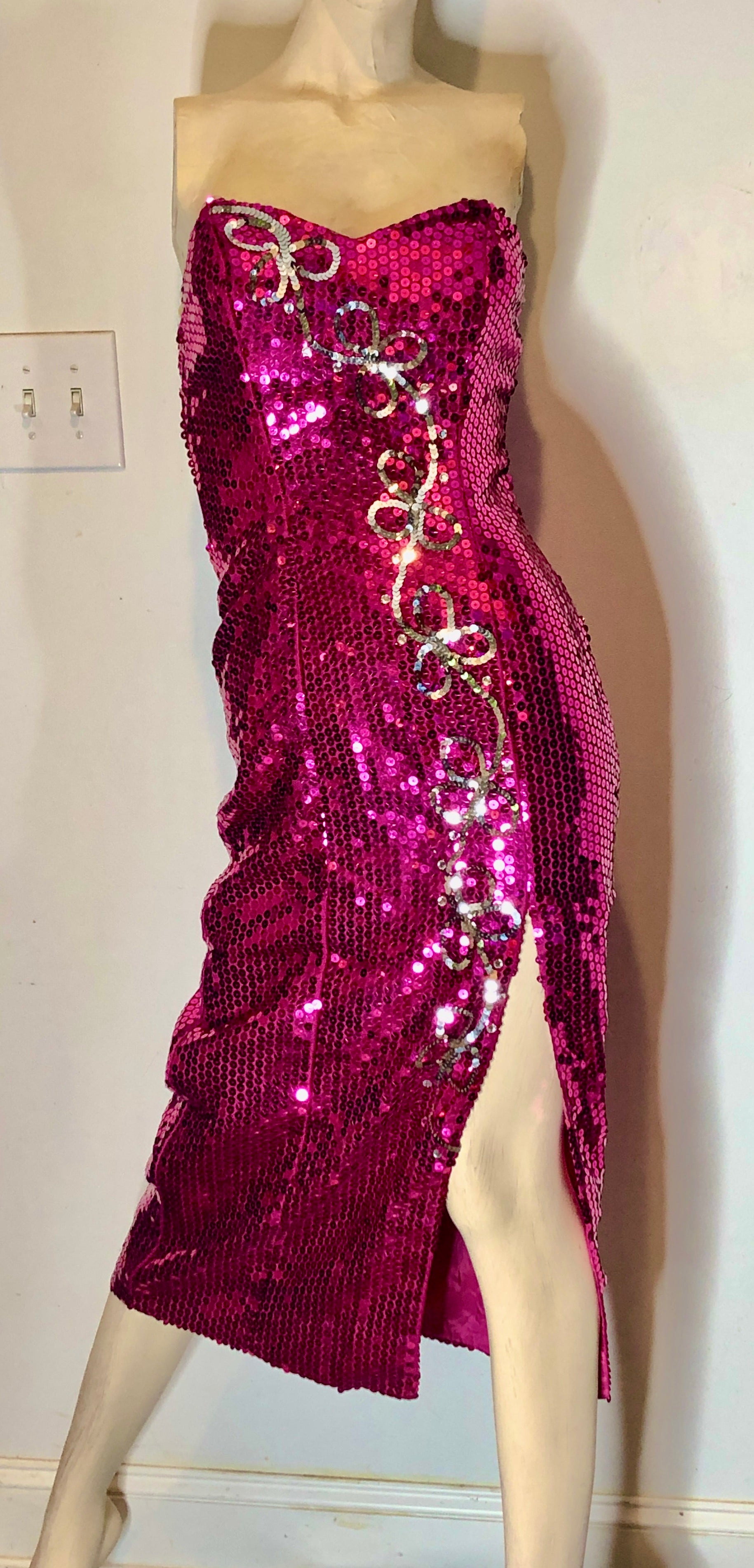 Vintage 1980s Sequined Fuchsia Pink w/Silver Strapless Wiggle Evening Pageant Gown~2P