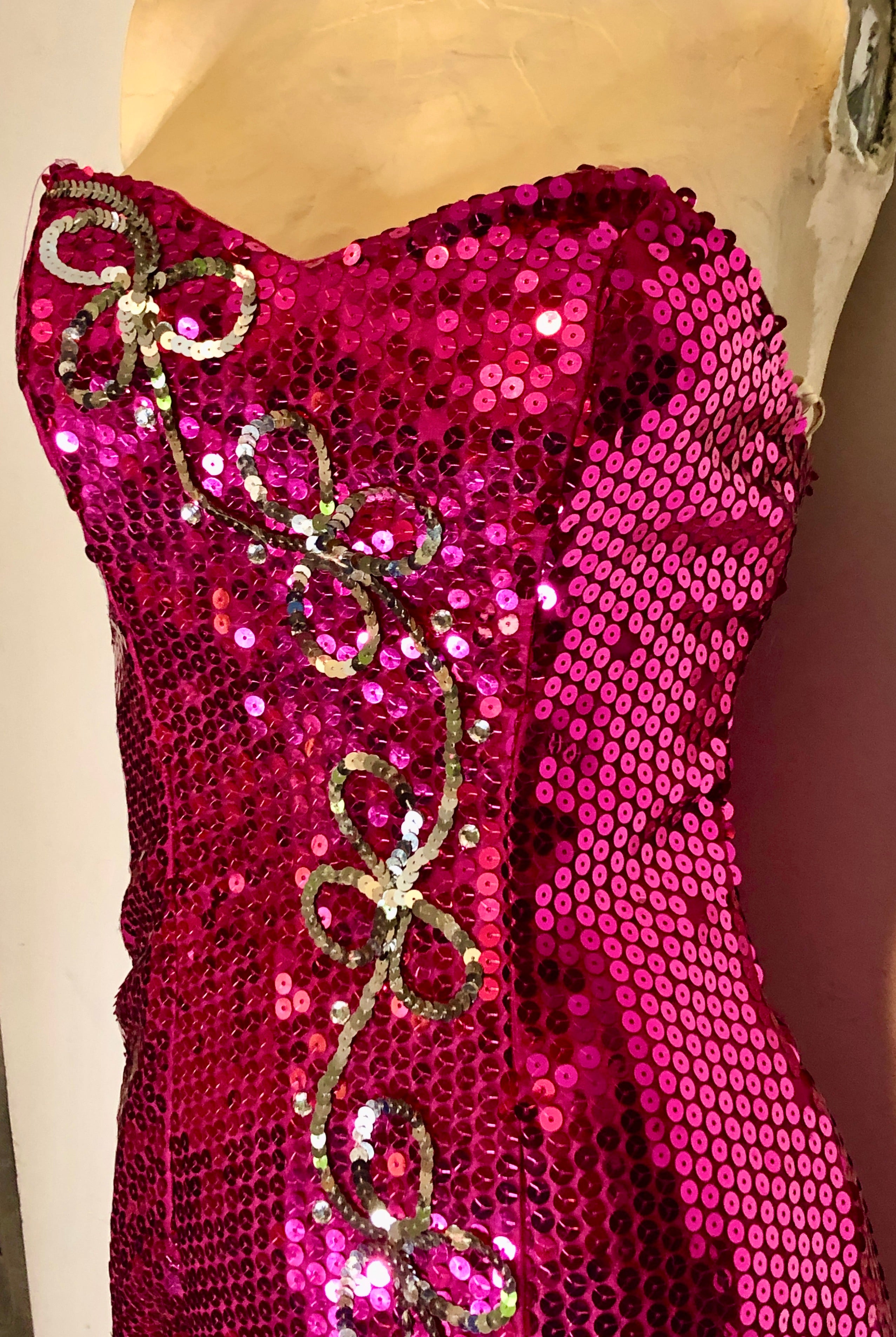 Vintage 1980s Sequined Fuchsia Pink w/Silver Strapless Wiggle Evening Pageant Gown~2P