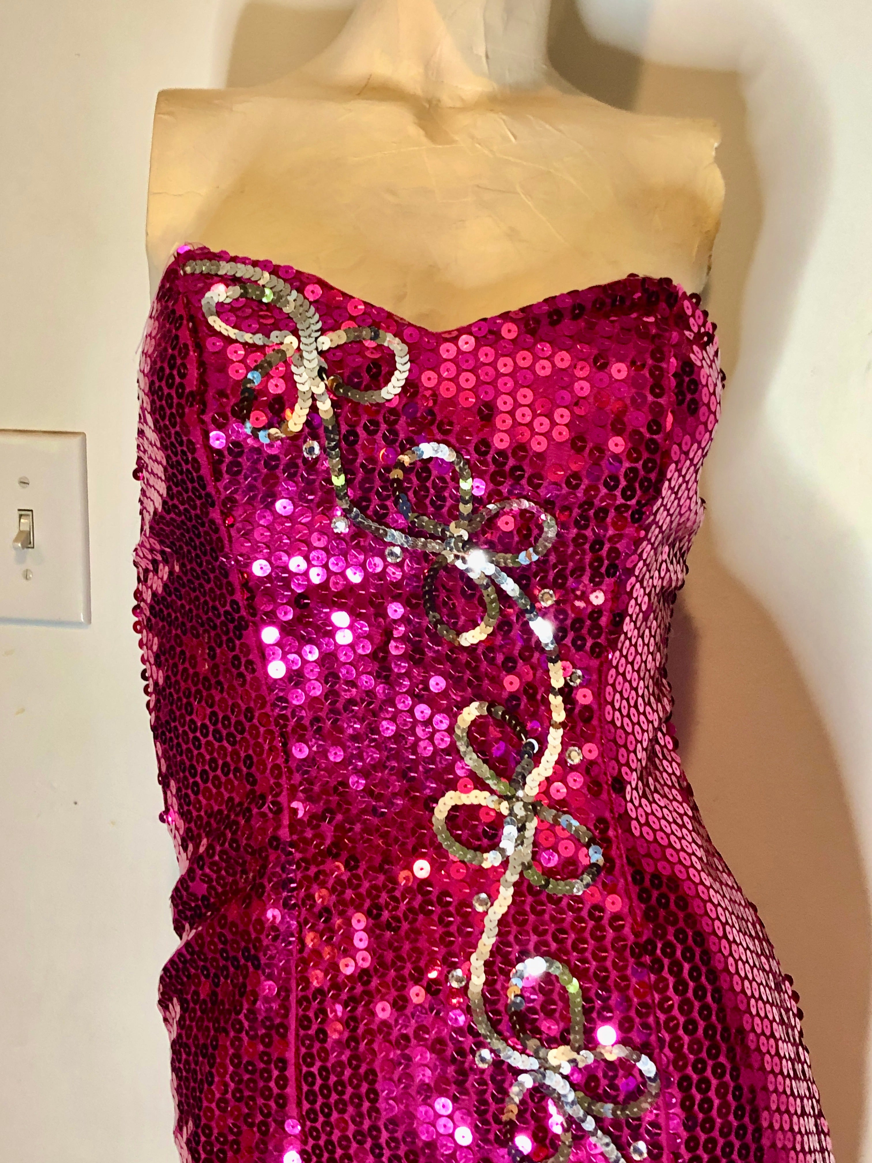 Vintage 1980s Sequined Fuchsia Pink w/Silver Strapless Wiggle Evening Pageant Gown~2P