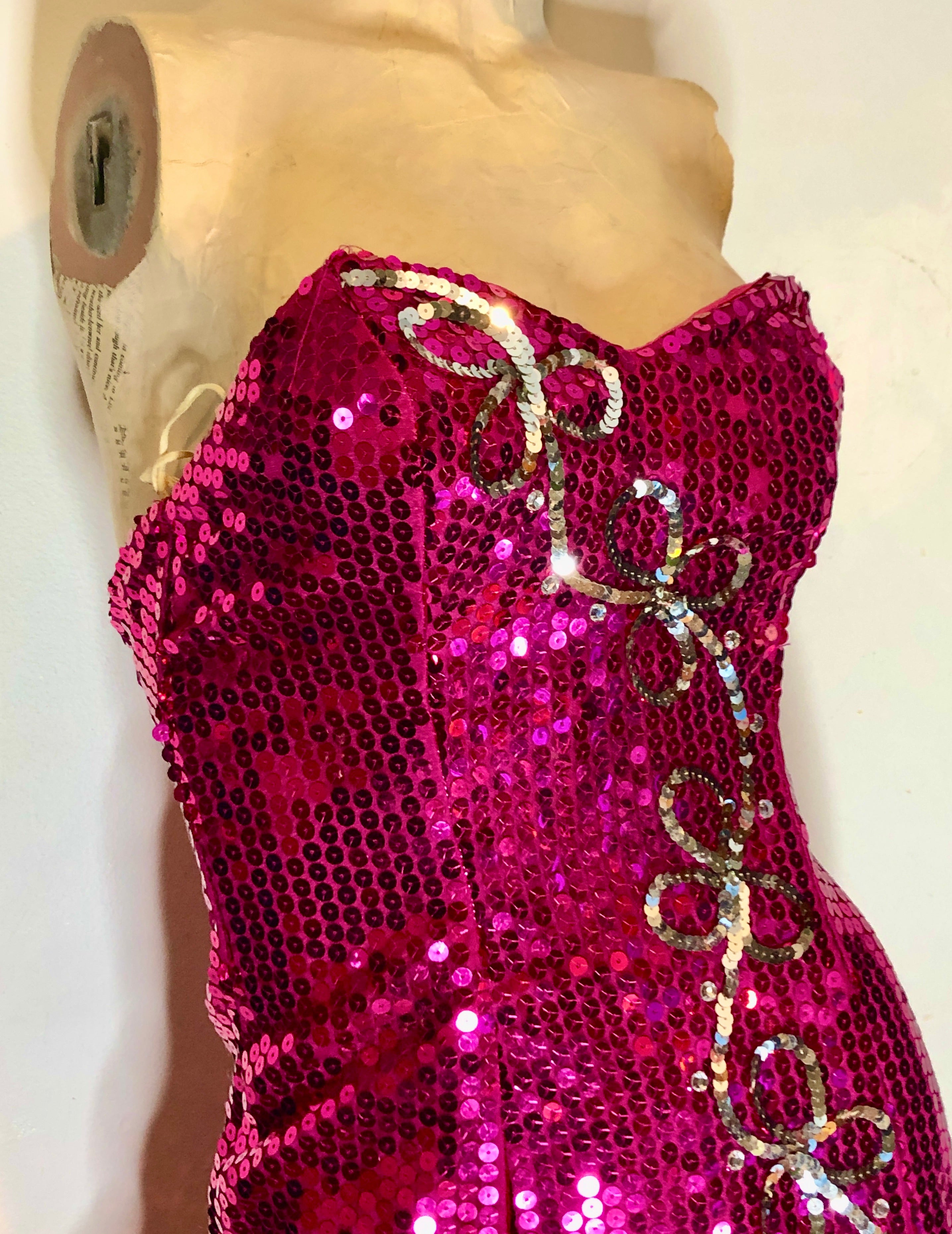 Vintage 1980s Sequined Fuchsia Pink w/Silver Strapless Wiggle Evening Pageant Gown~2P