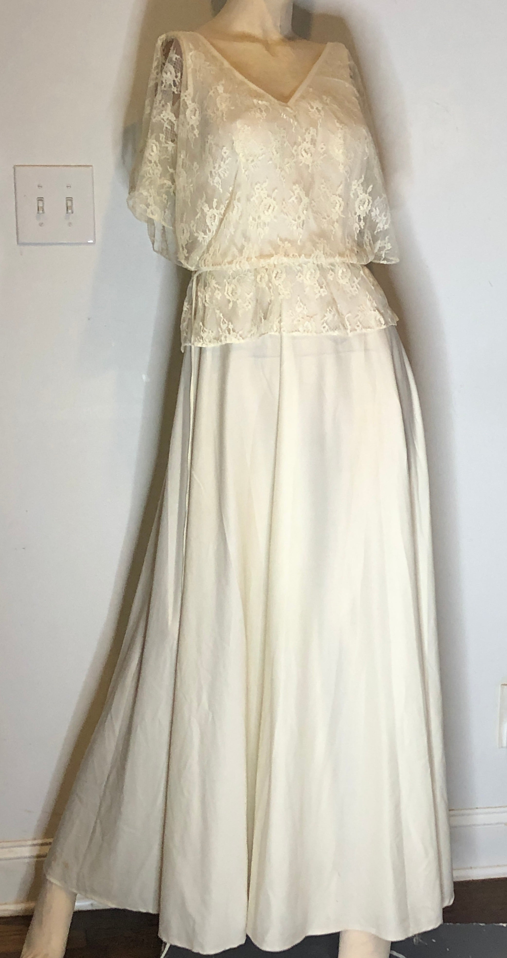70s Disco Gypsy Boho Ivory Knit Lace Overlay Full Formal Gown Wedding Dress~S