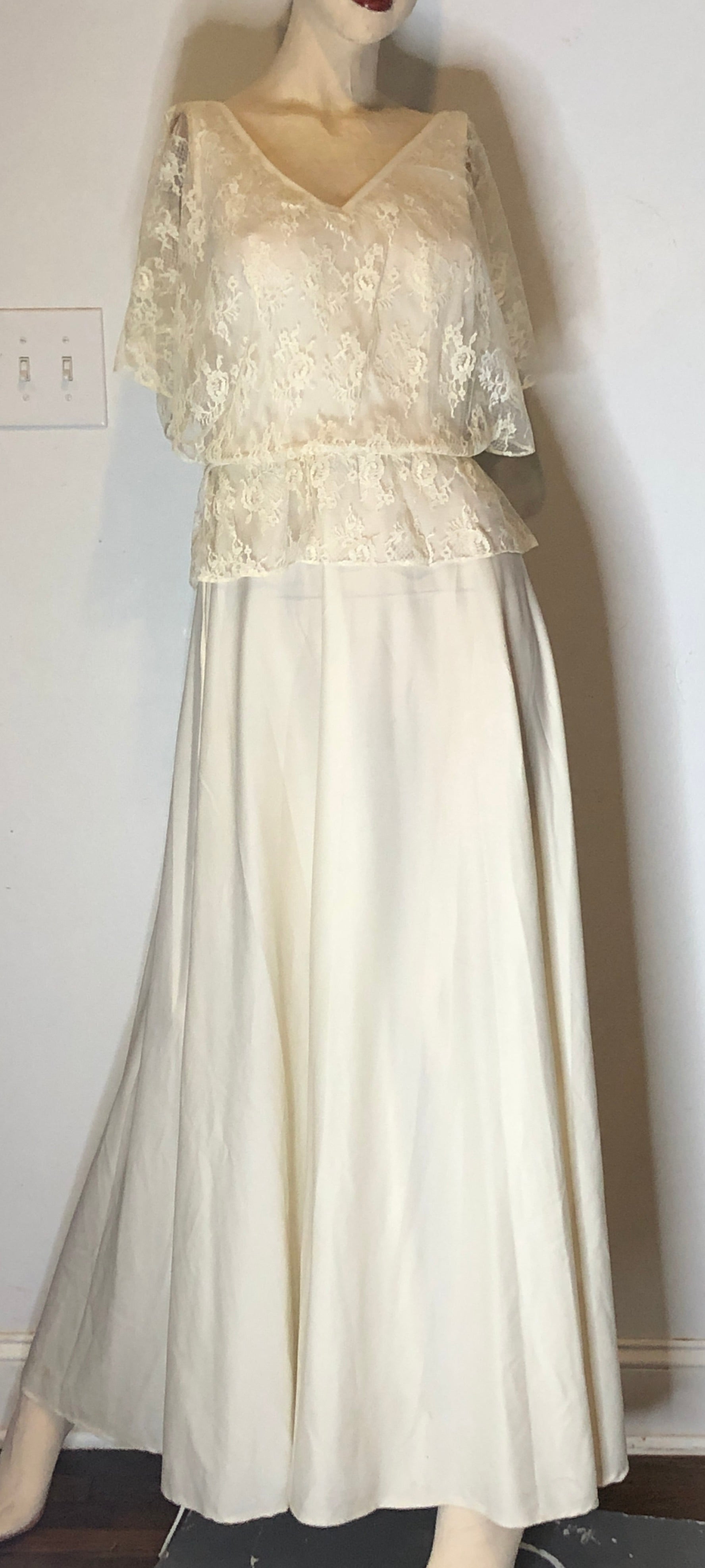 70s Disco Gypsy Boho Ivory Knit Lace Overlay Full Formal Gown Wedding Dress~S