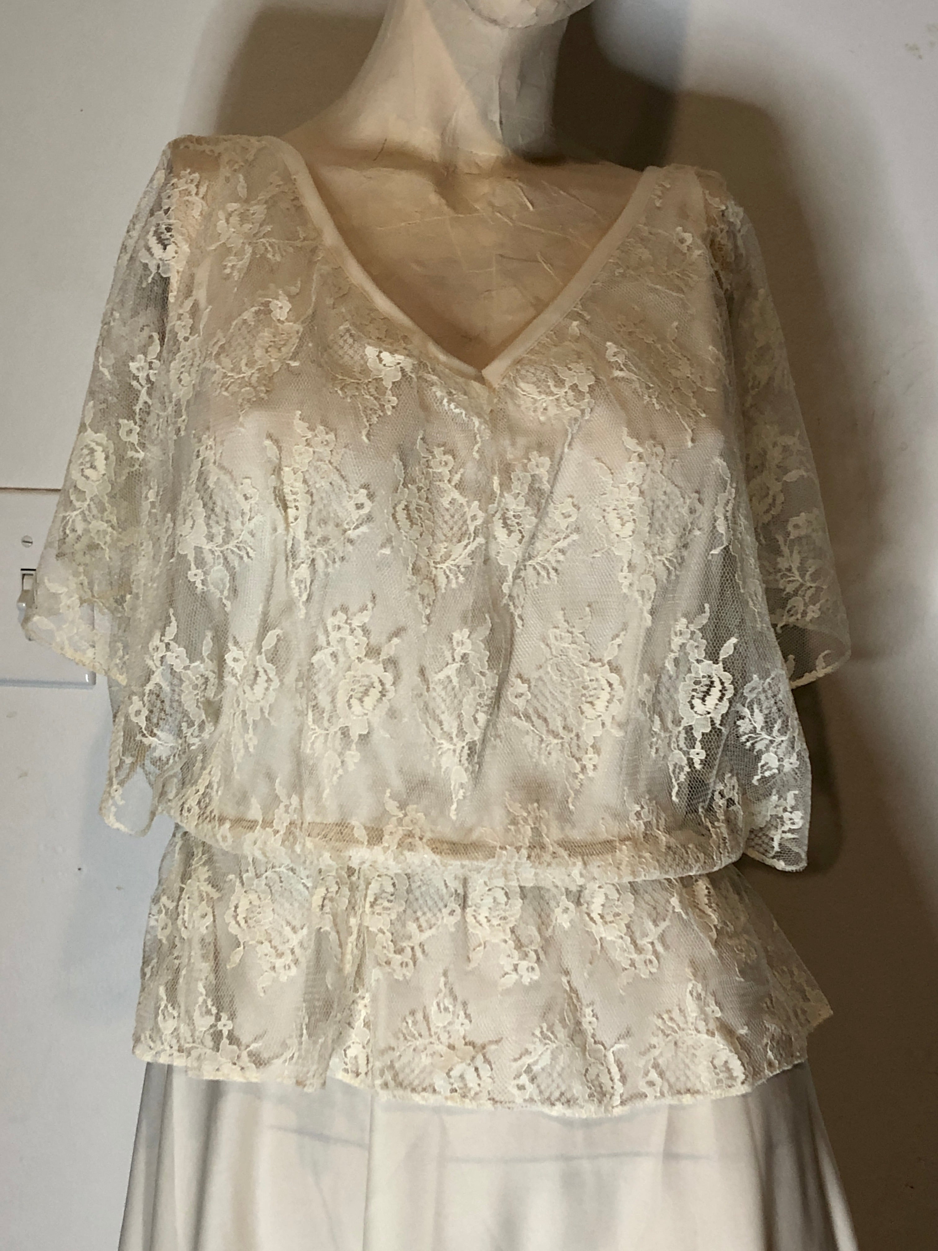 70s Disco Gypsy Boho Ivory Knit Lace Overlay Full Formal Gown Wedding Dress~S