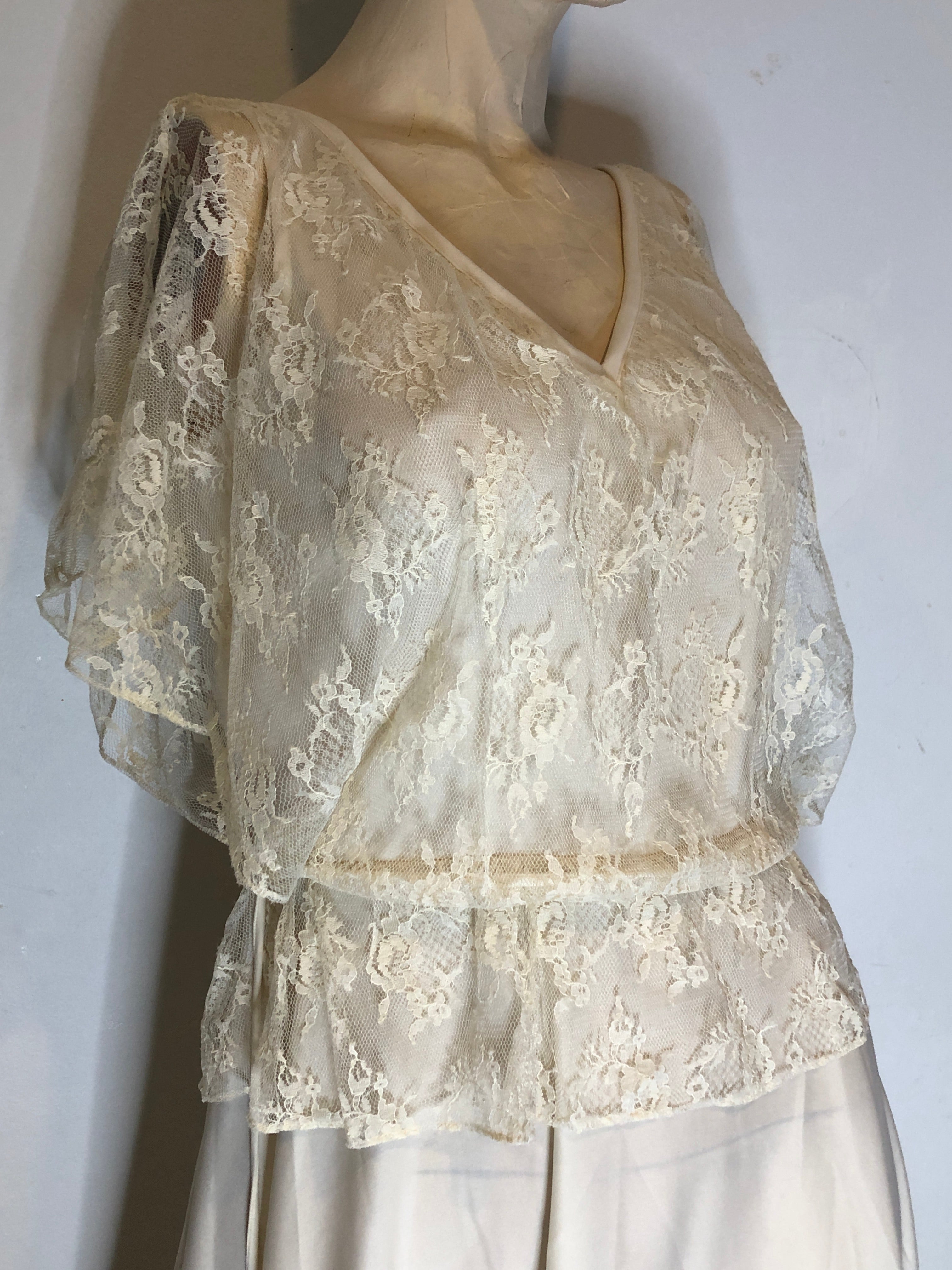 70s Disco Gypsy Boho Ivory Knit Lace Overlay Full Formal Gown Wedding Dress~S