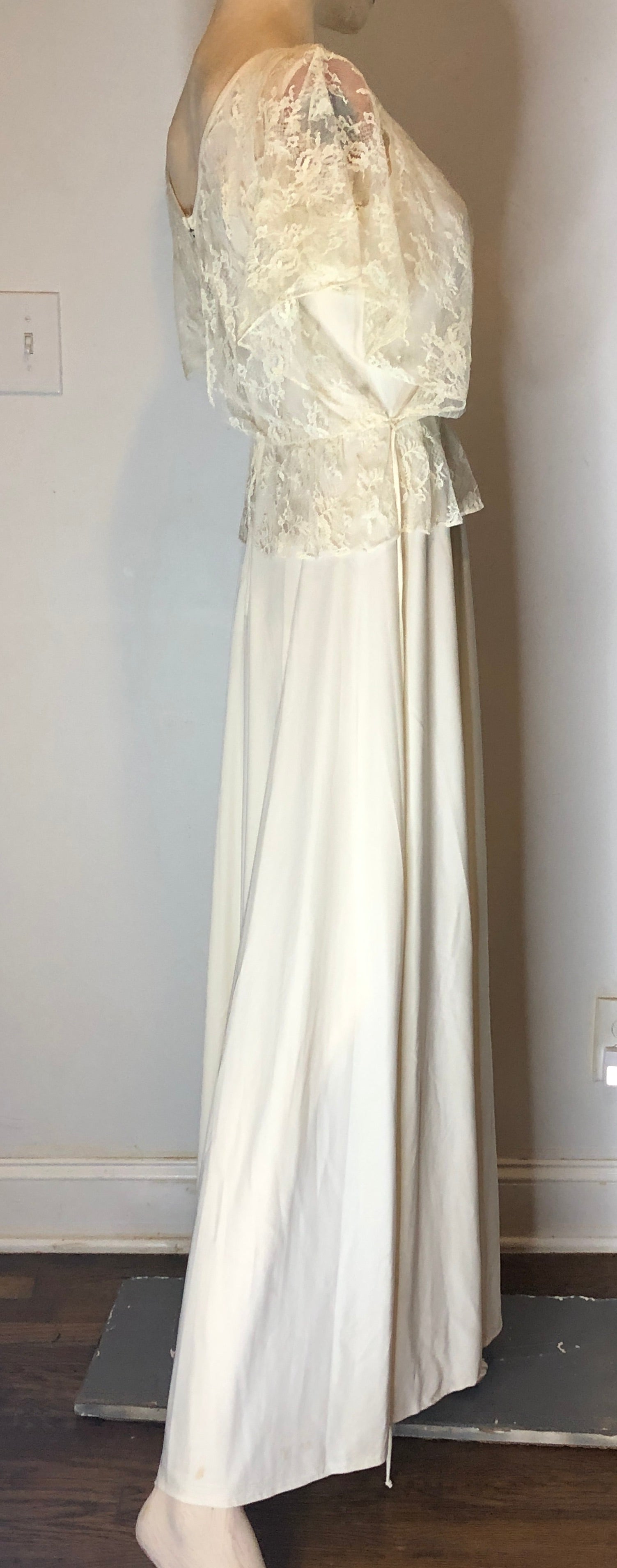 70s Disco Gypsy Boho Ivory Knit Lace Overlay Full Formal Gown Wedding Dress~S