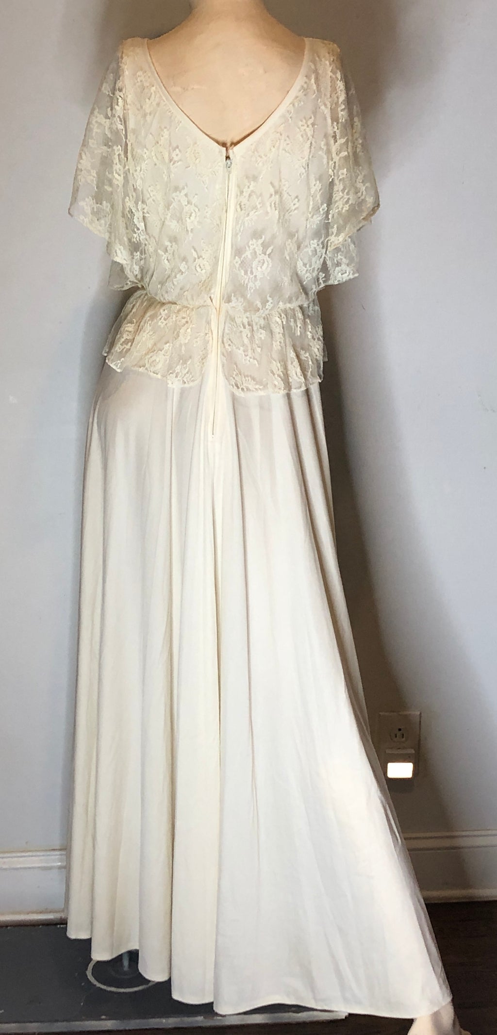 70s Disco Gypsy Boho Ivory Knit Lace Overlay Full Formal Gown Wedding Dress~S