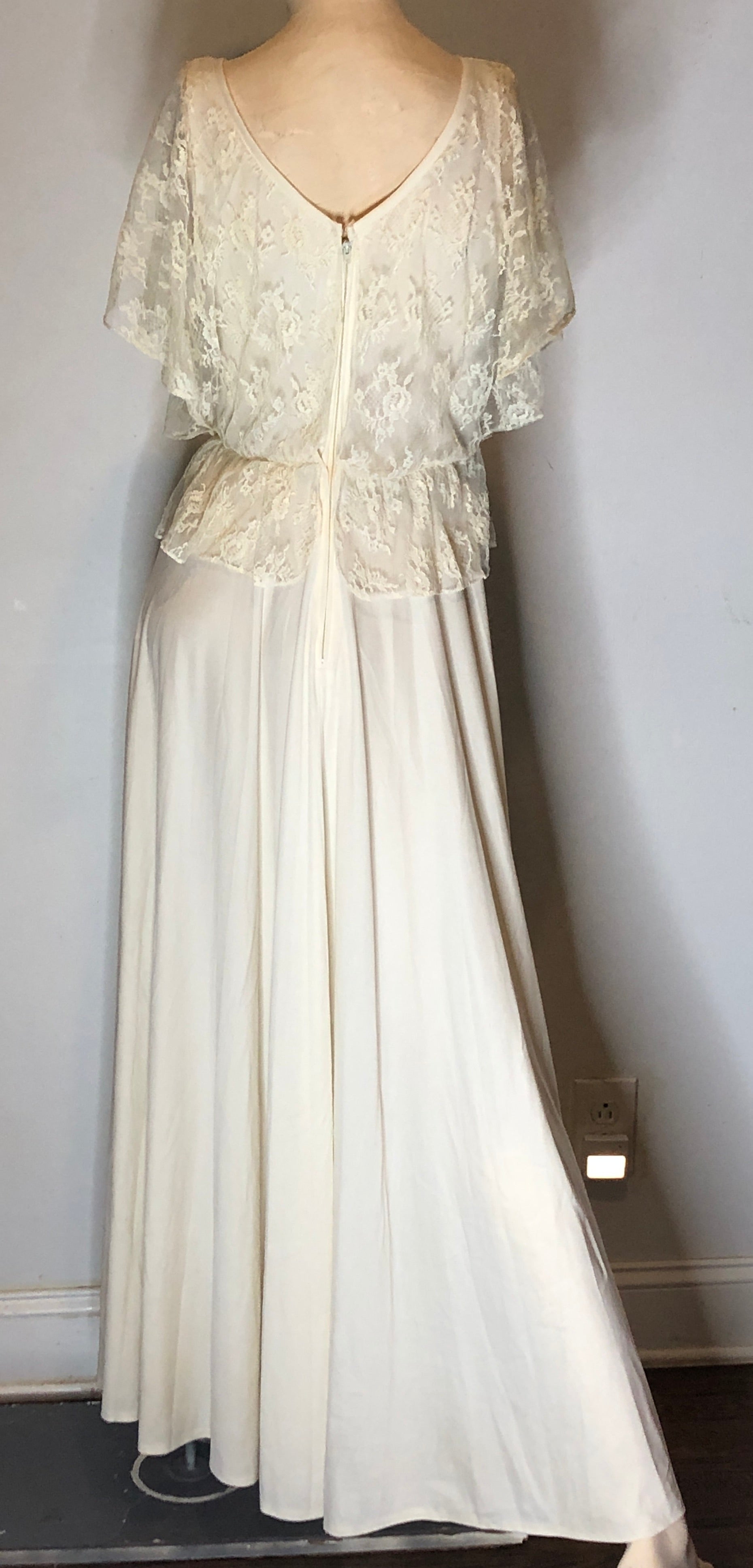70s Disco Gypsy Boho Ivory Knit Lace Overlay Full Formal Gown Wedding Dress~S