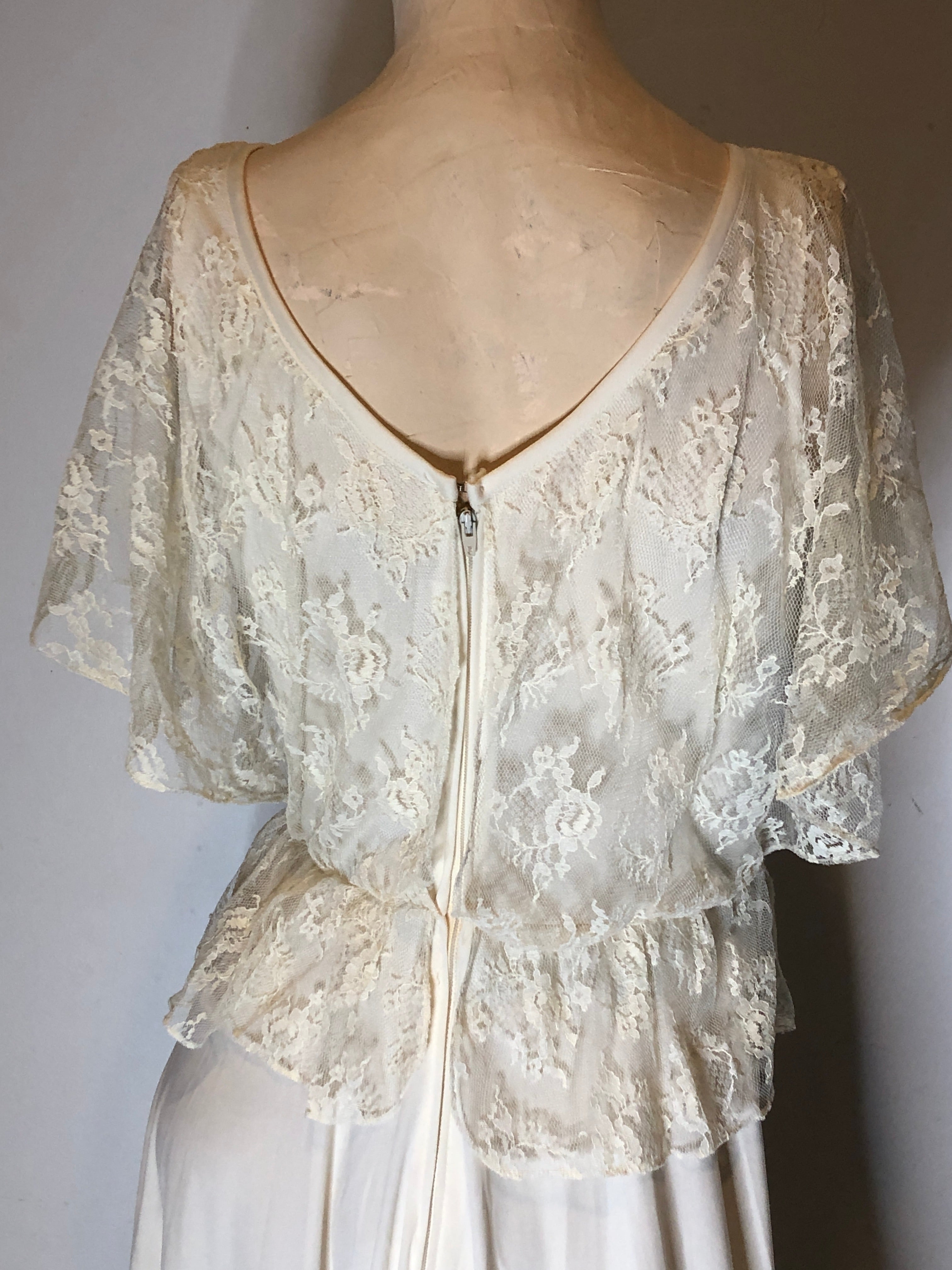 70s Disco Gypsy Boho Ivory Knit Lace Overlay Full Formal Gown Wedding Dress~S