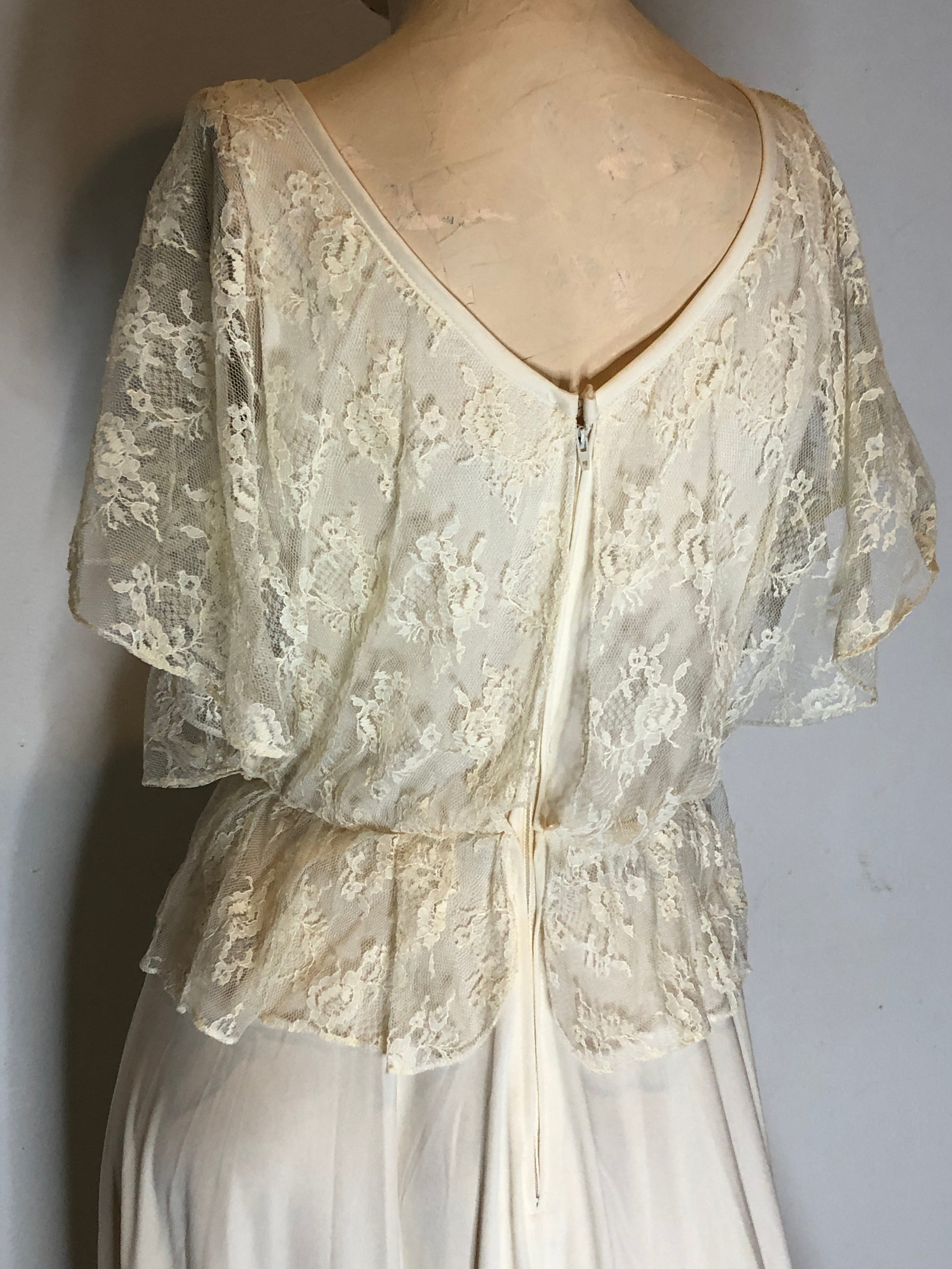 70s Disco Gypsy Boho Ivory Knit Lace Overlay Full Formal Gown Wedding Dress~S