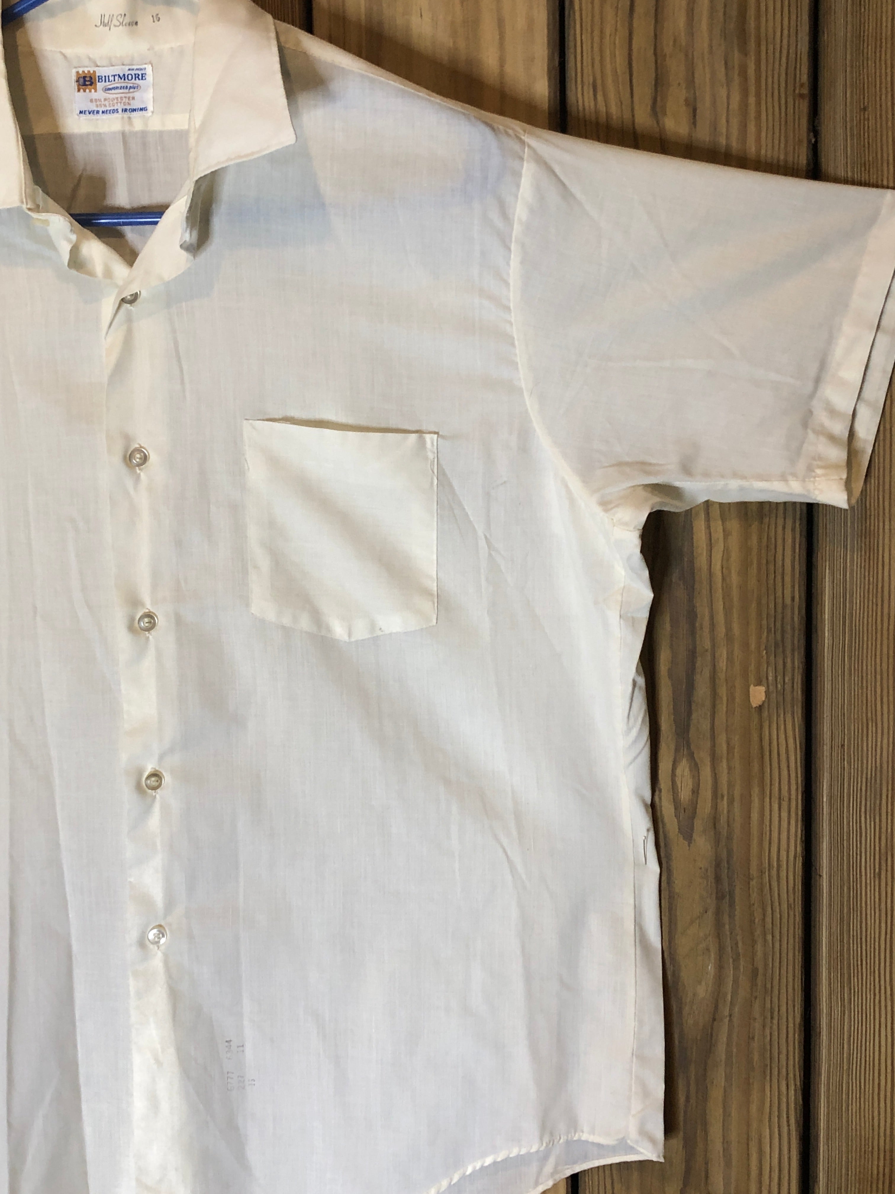 Vtg 60s~Biltmore~Men's Ivory 1 Pocket Collared Short Sleeve Button Down Shirt~16