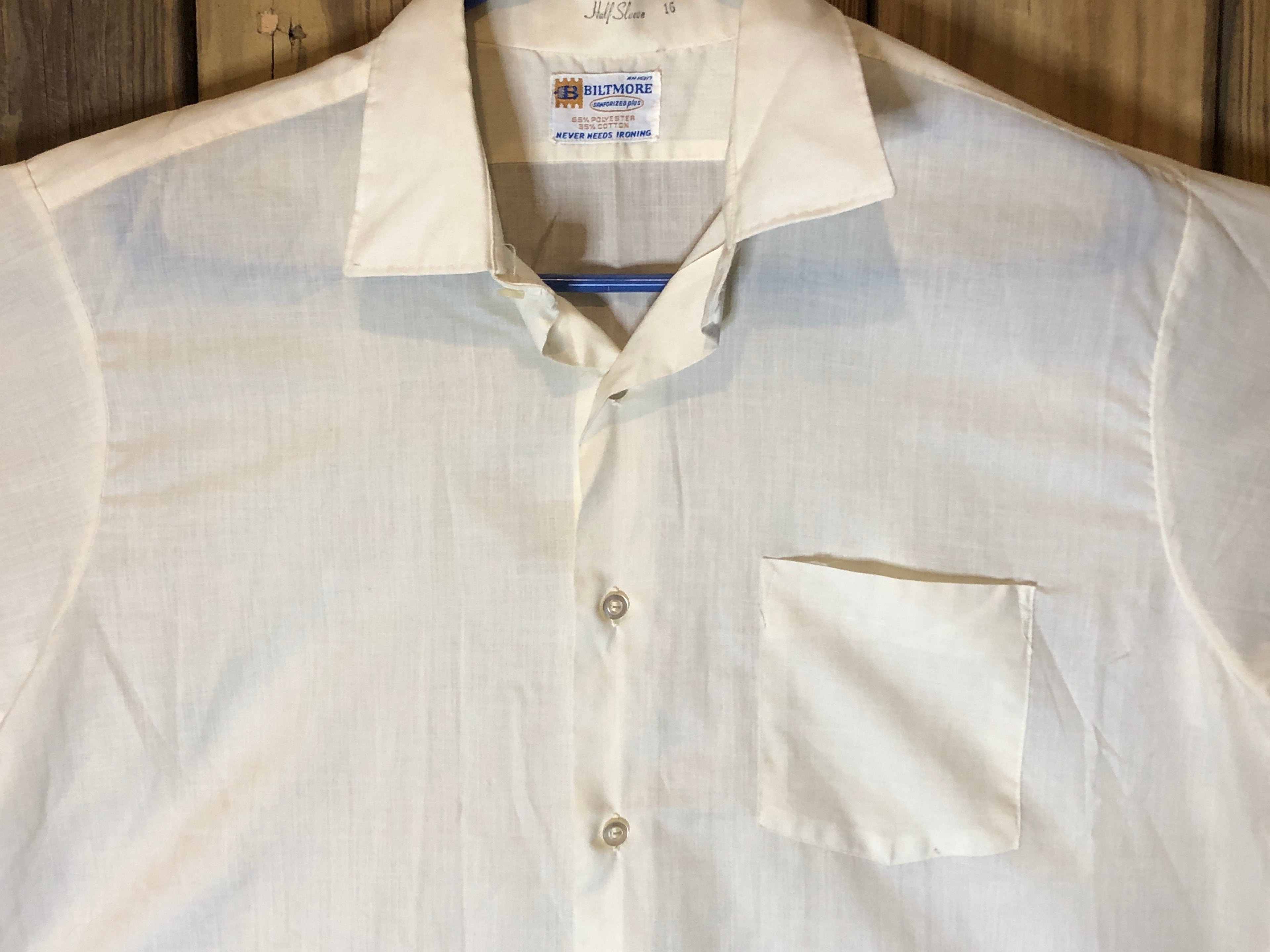 Vtg 60s~Biltmore~Men's Ivory 1 Pocket Collared Short Sleeve Button Down Shirt~16