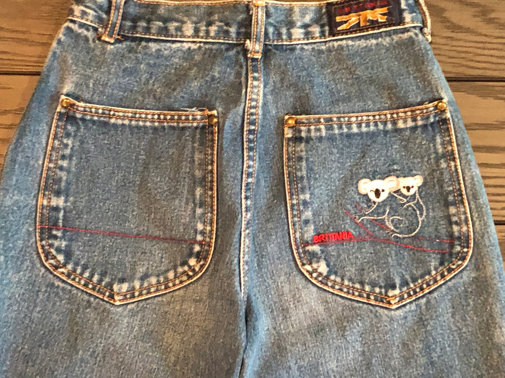Vtg 80s~Brittania~Straight Leg Hi-Rise Destroyed Embroidered Pocket Jeans~Sz 1