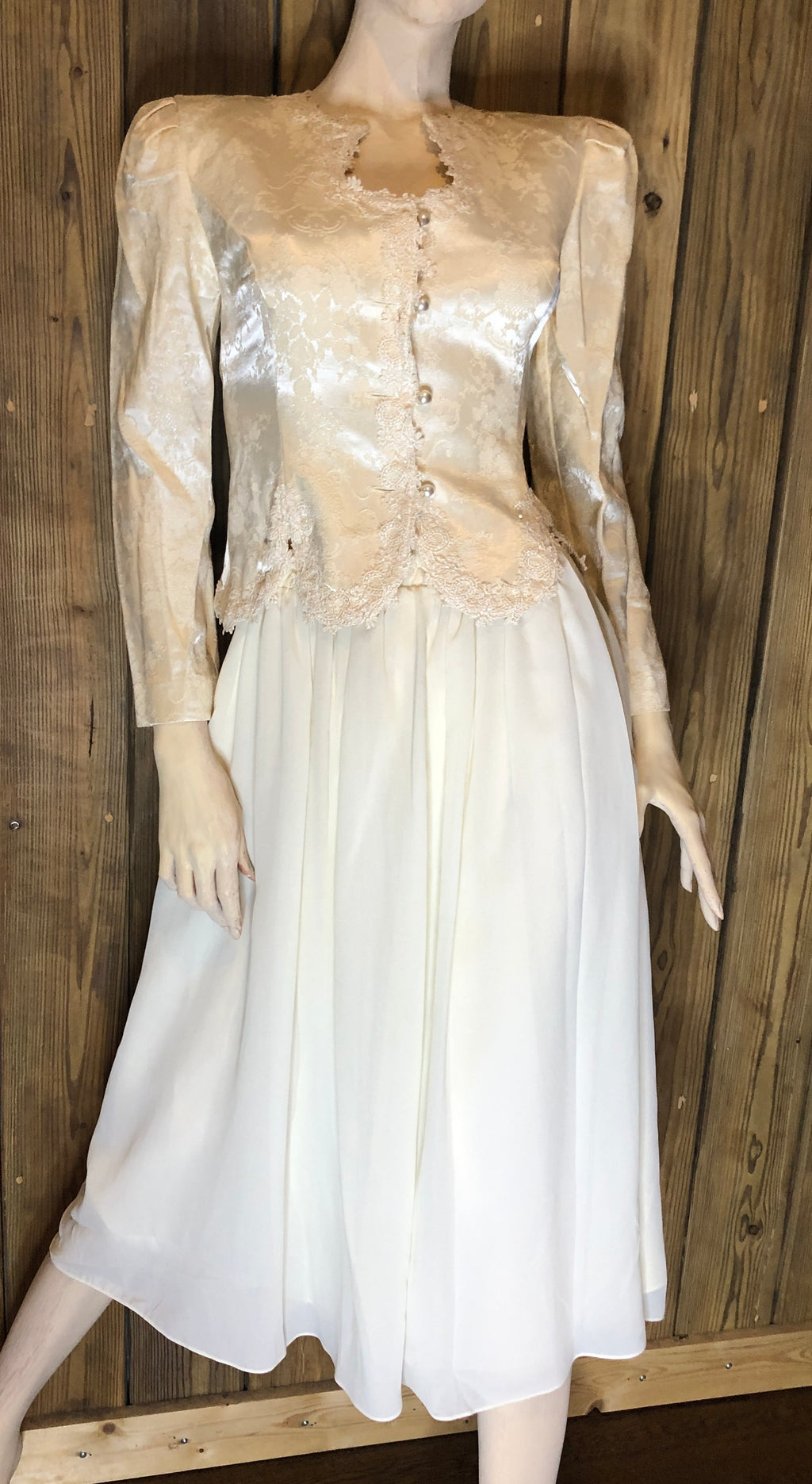 Vtg 90s Ivory Brocade/Lace Trim Peplum Jacket/Full Skirt Womens Set 4P~Wedding