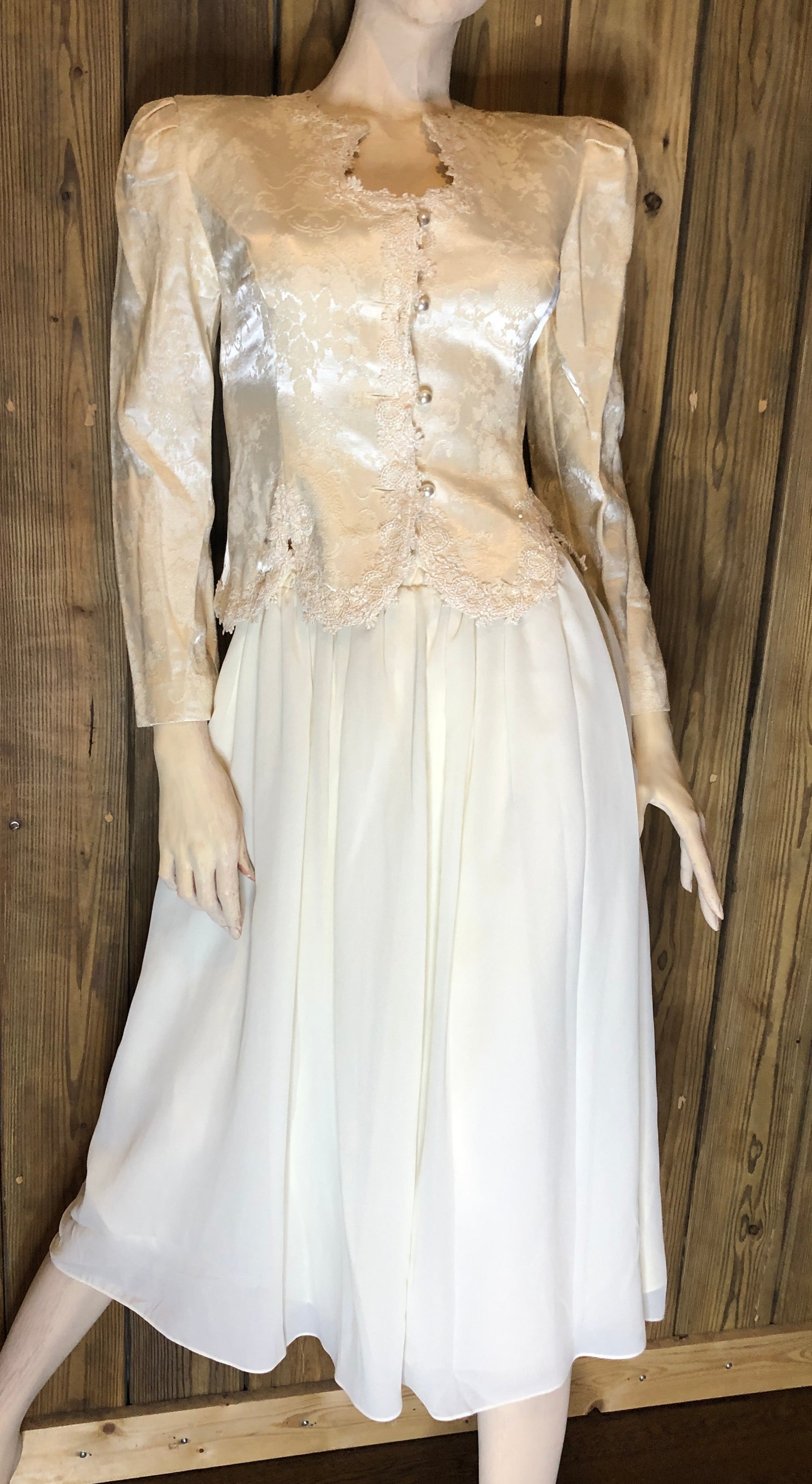 Vtg 90s Ivory Brocade/Lace Trim Peplum Jacket/Full Skirt Womens Set 4P~Wedding