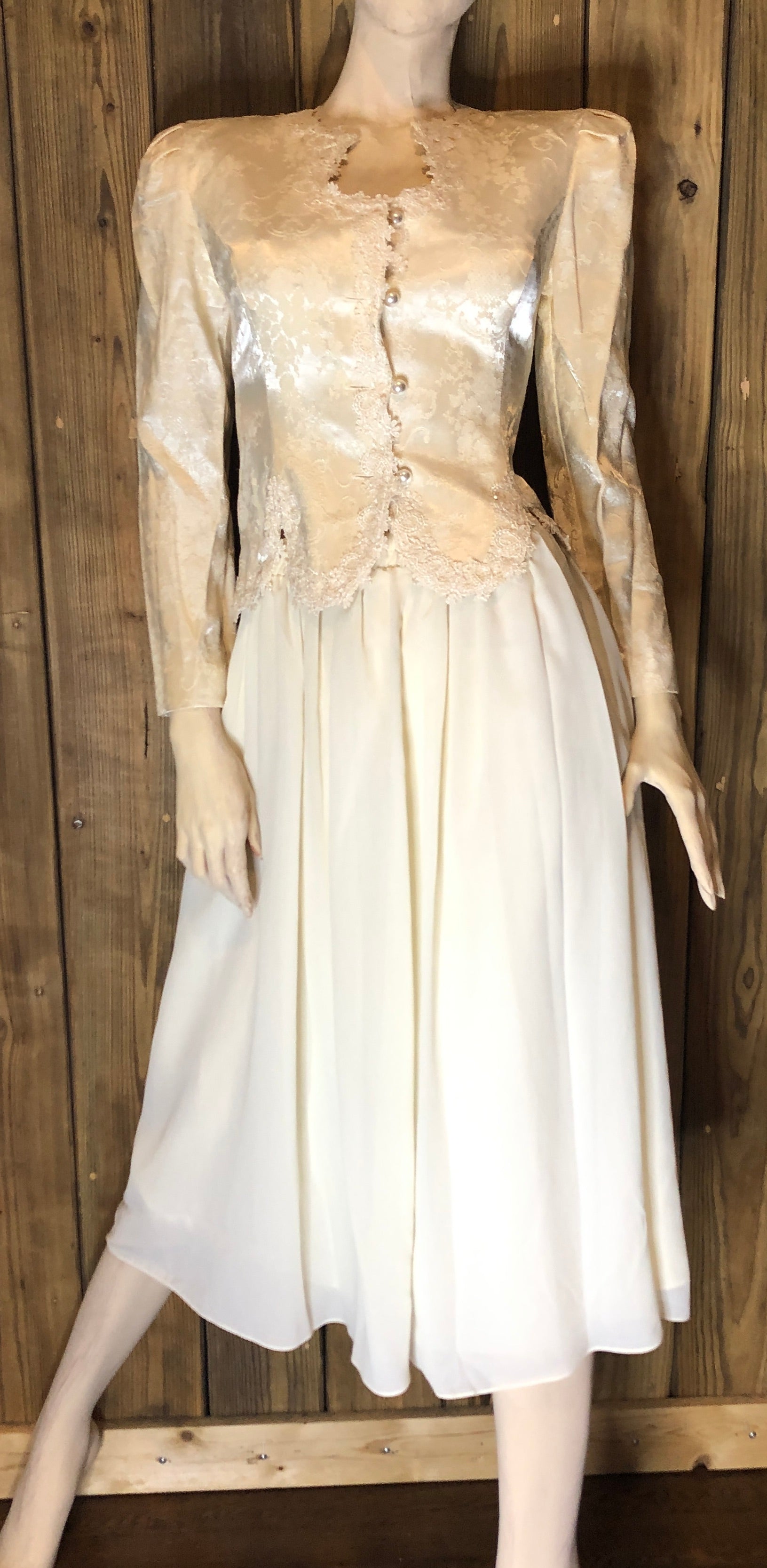 Vtg 90s Ivory Brocade/Lace Trim Peplum Jacket/Full Skirt Womens Set 4P~Wedding