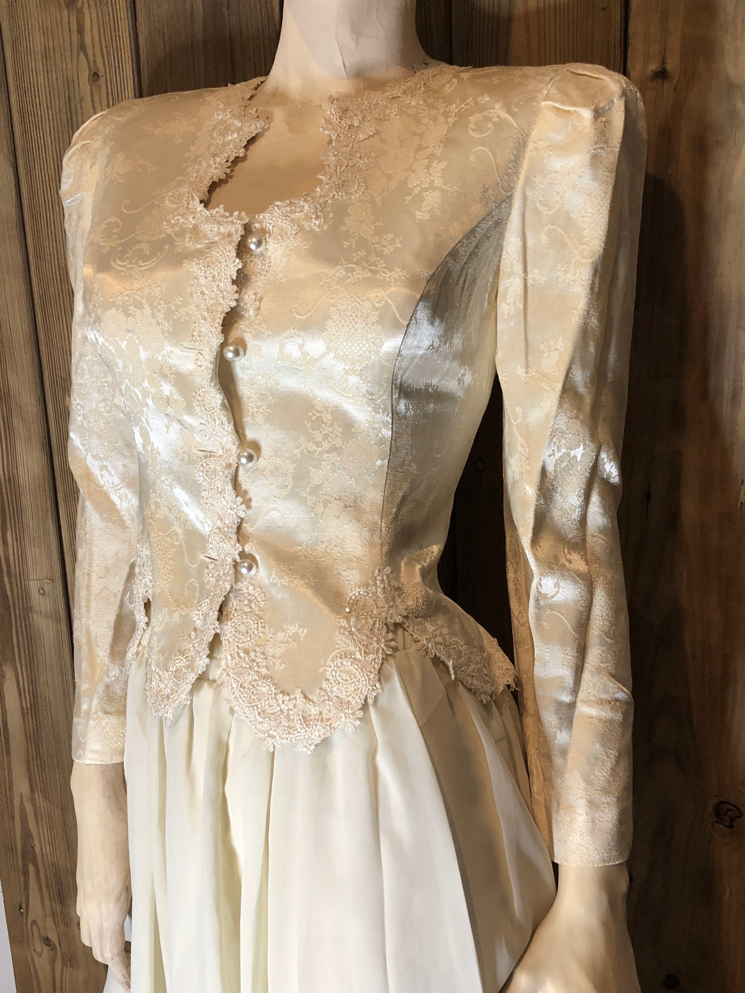 Vtg 90s Ivory Brocade/Lace Trim Peplum Jacket/Full Skirt Womens Set 4P~Wedding