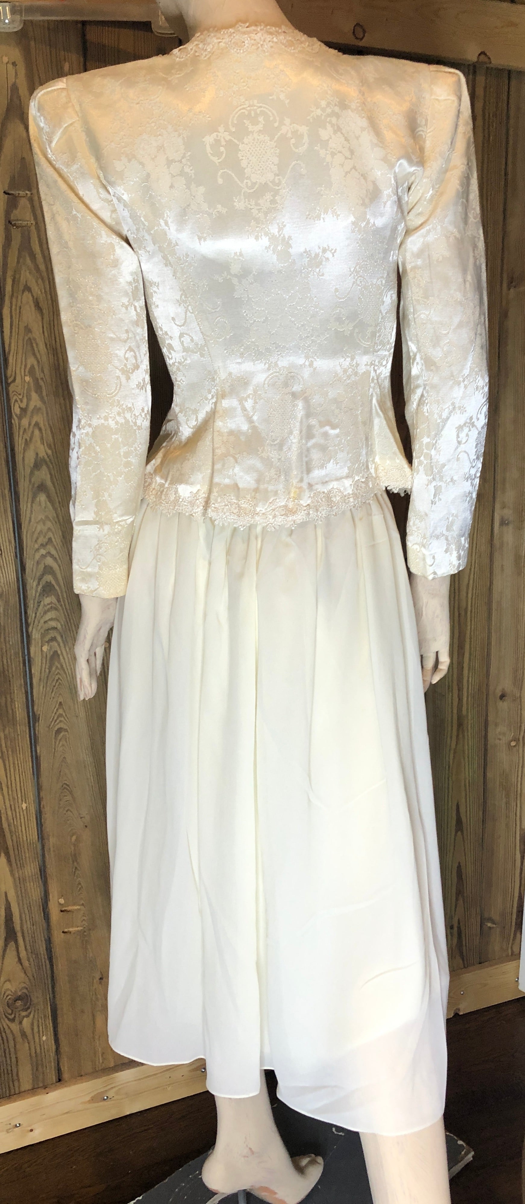 Vtg 90s Ivory Brocade/Lace Trim Peplum Jacket/Full Skirt Womens Set 4P~Wedding